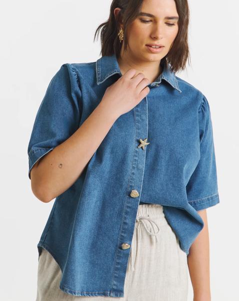Simply Be Mid Wash Button Denim Blouse