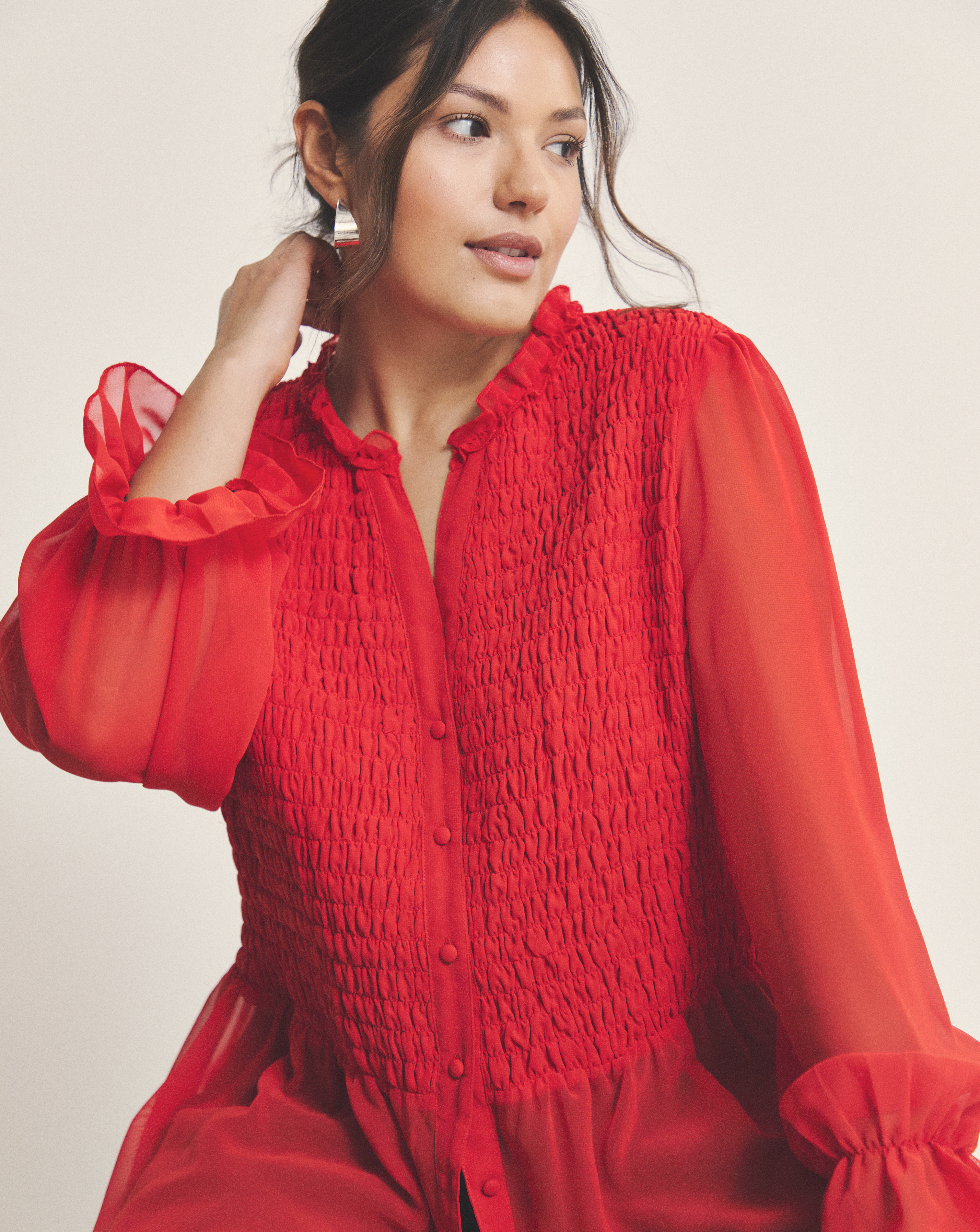 Red Shirred Georgette V-Neck Blouse