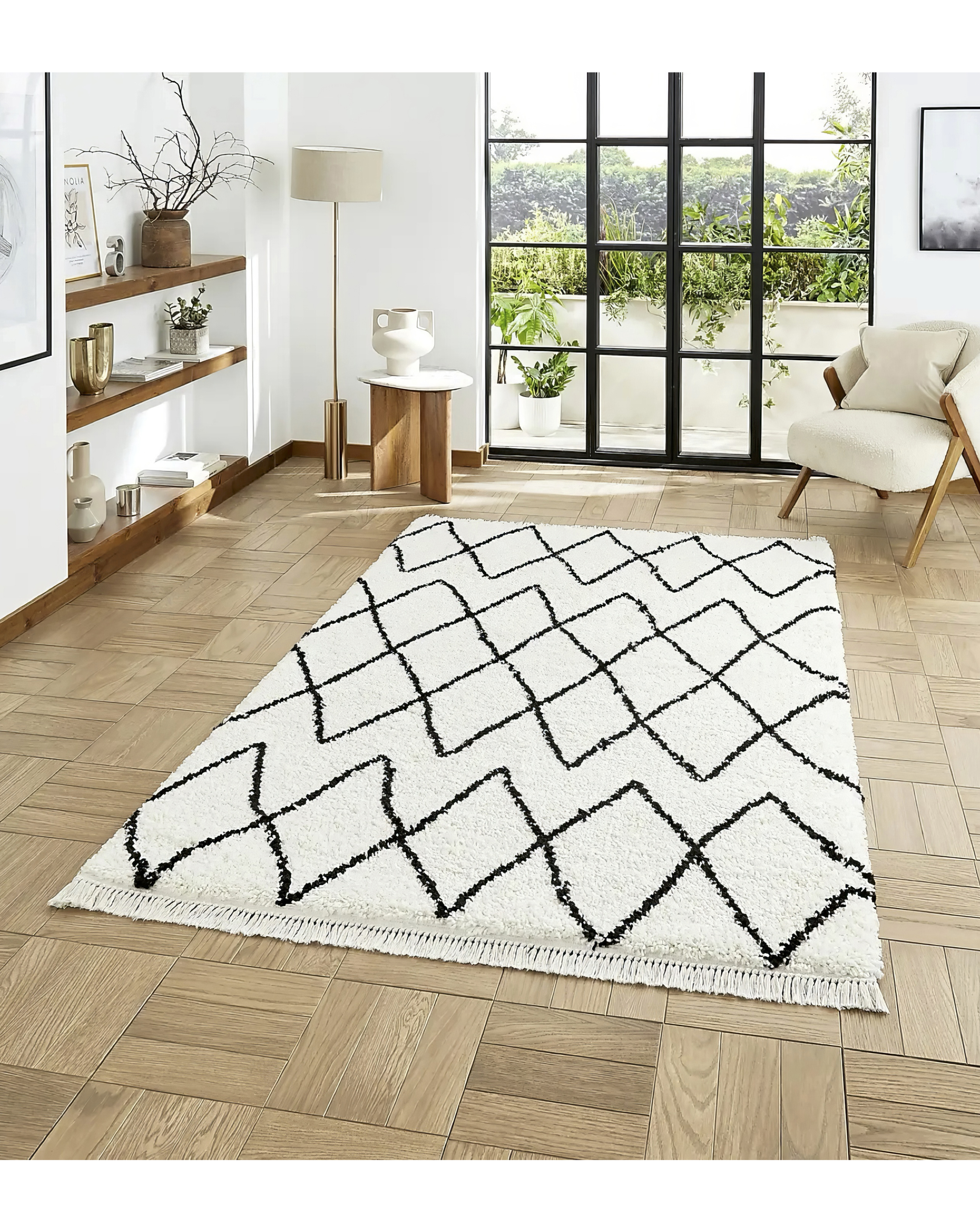 Think Rugs Boho Fringe Rug Black/White 80x150 - 100% Polypropylene - Shaggy Pile