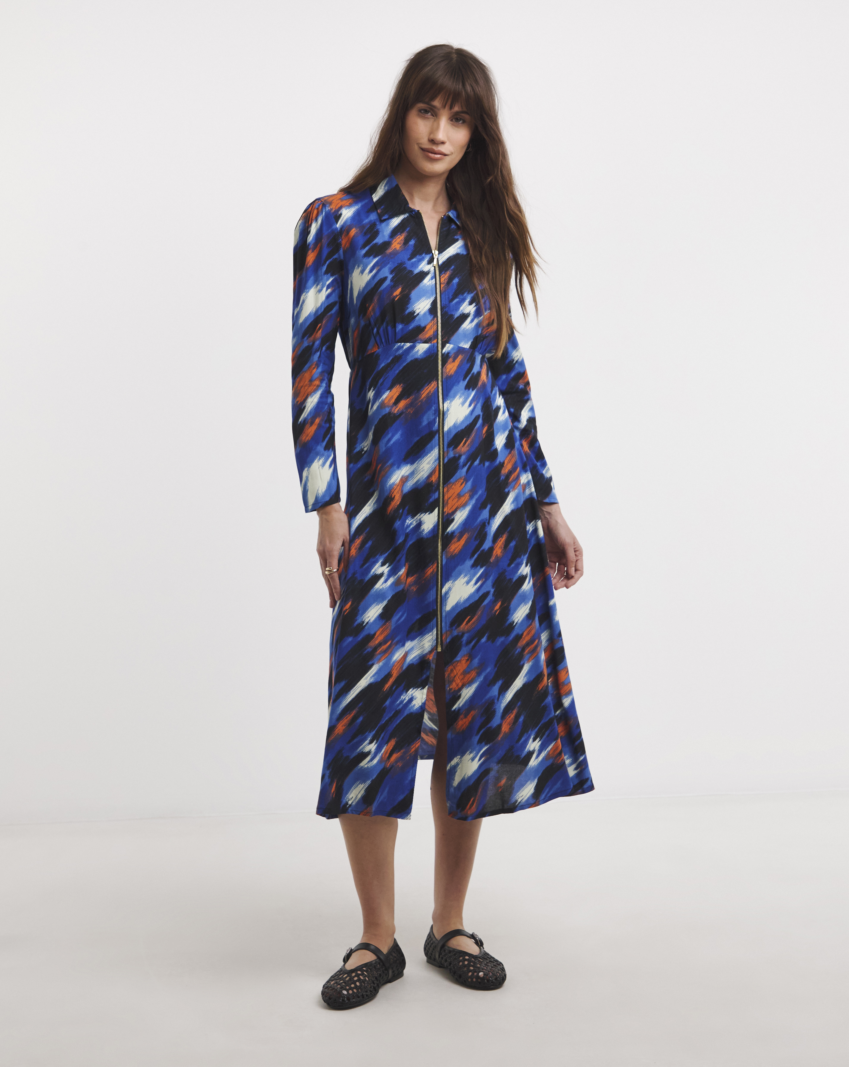 Long Sleeve Zip Front Shirt Dress
