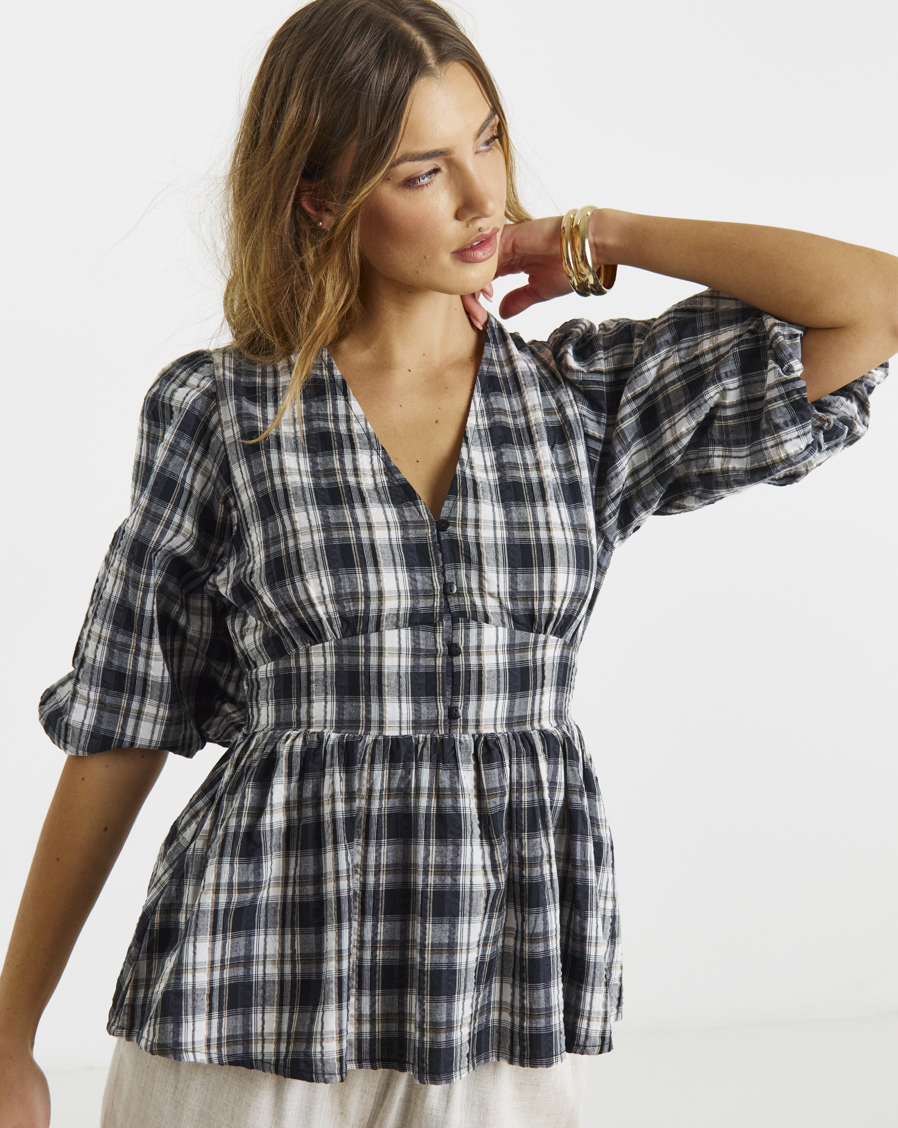 Brushed Cotton Puff Sleeve Tea Blouse
