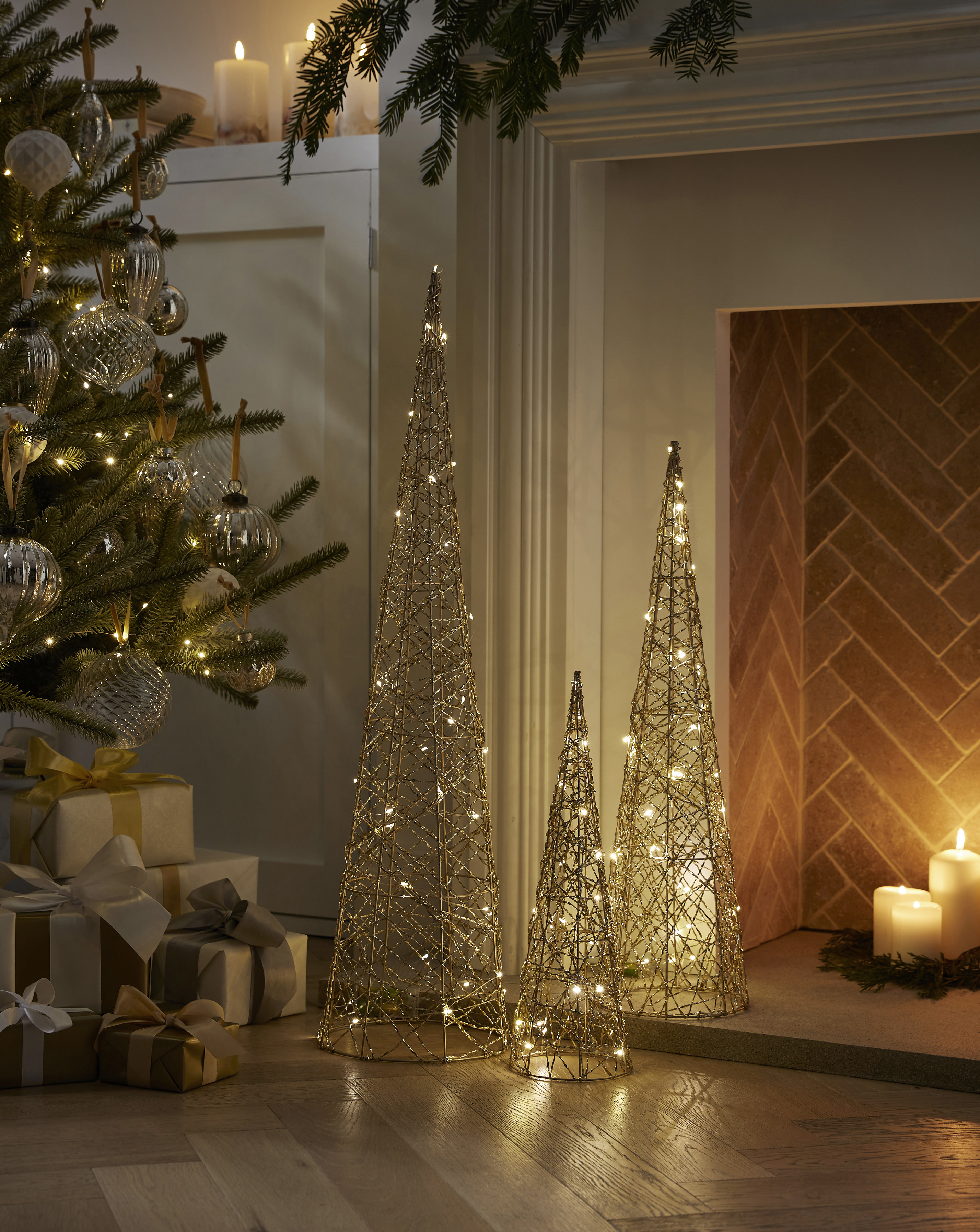 Samuel Alexander Gold Glitter LED Christmas Cone Trees - Warm White - 3 Pack - Image 7