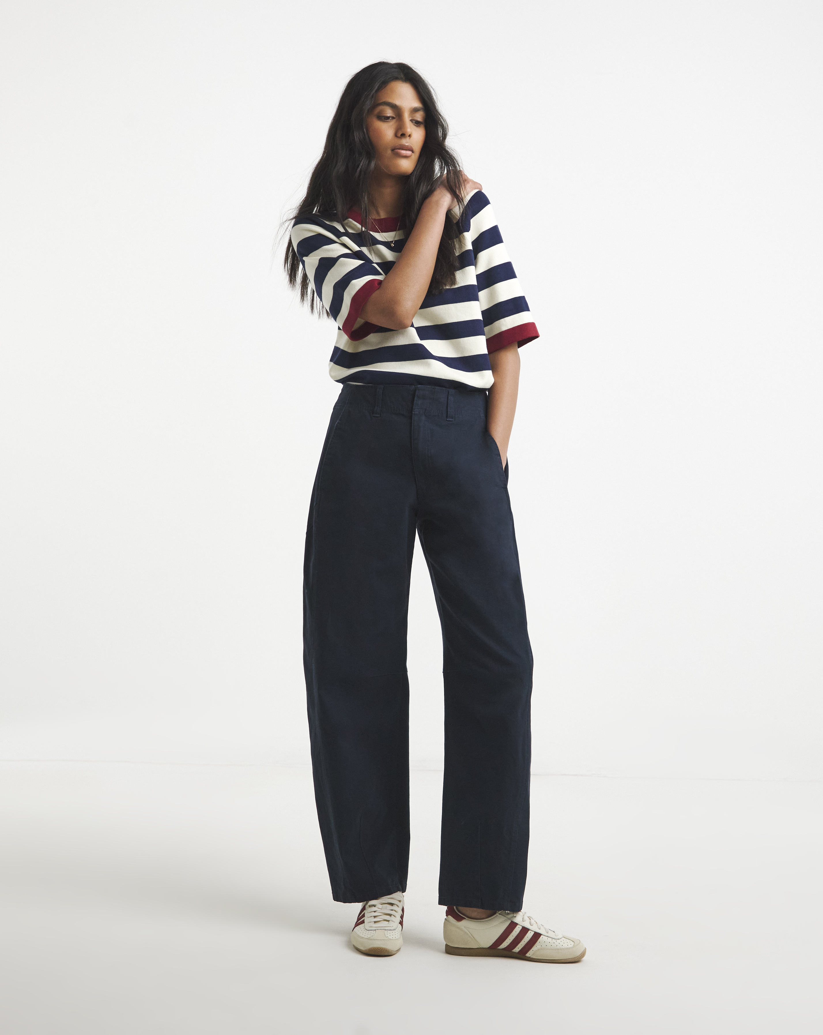 Navy Barrel Leg Trouser