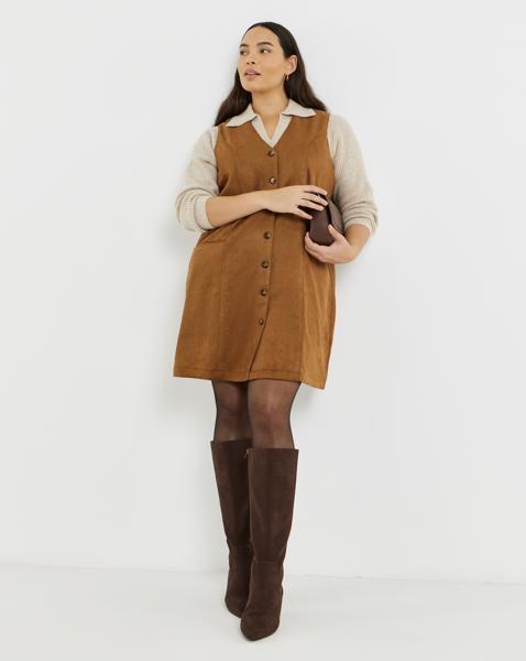Tan Suedette Button Through Dress
