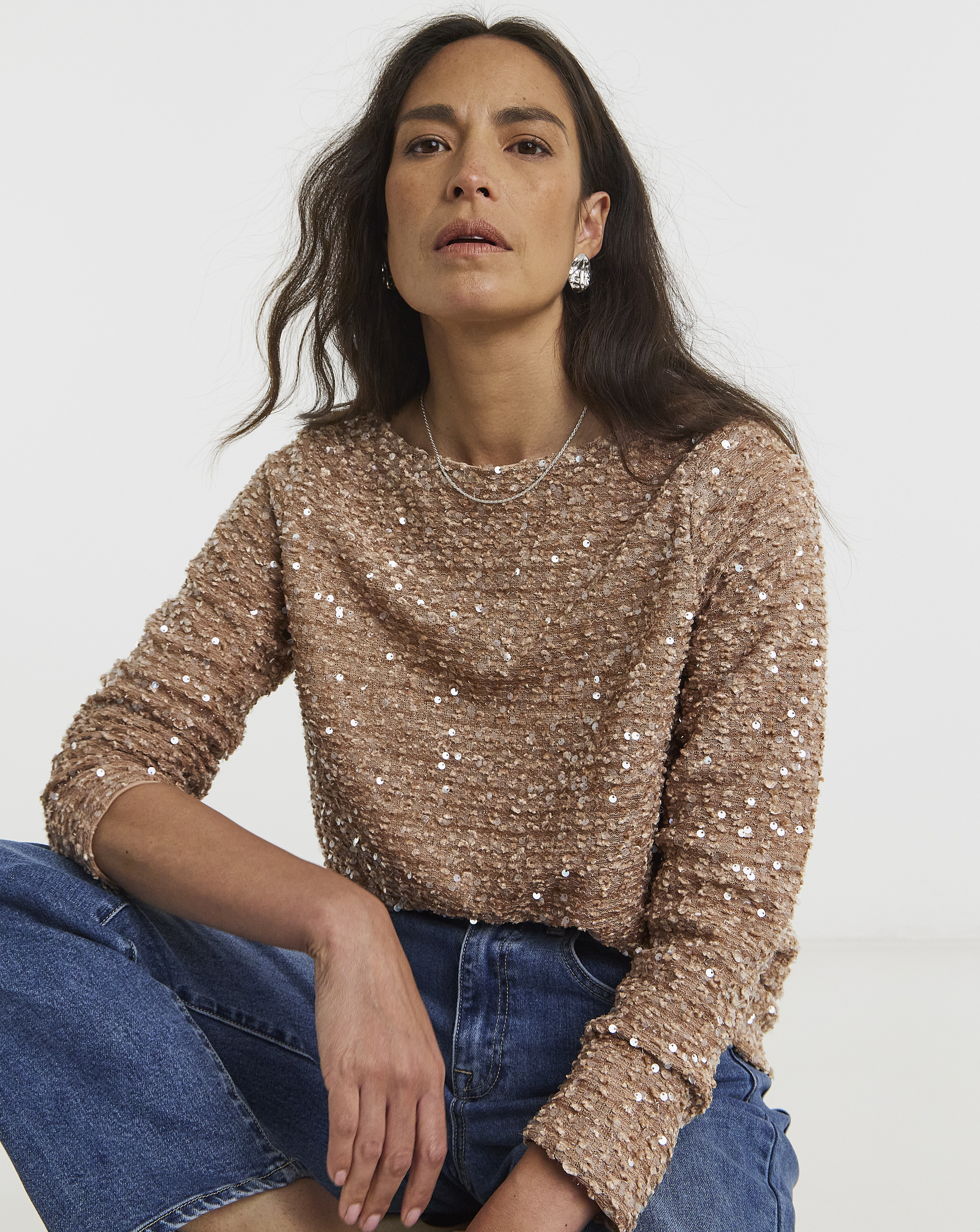 Boucle Sequin Slash Neck Top