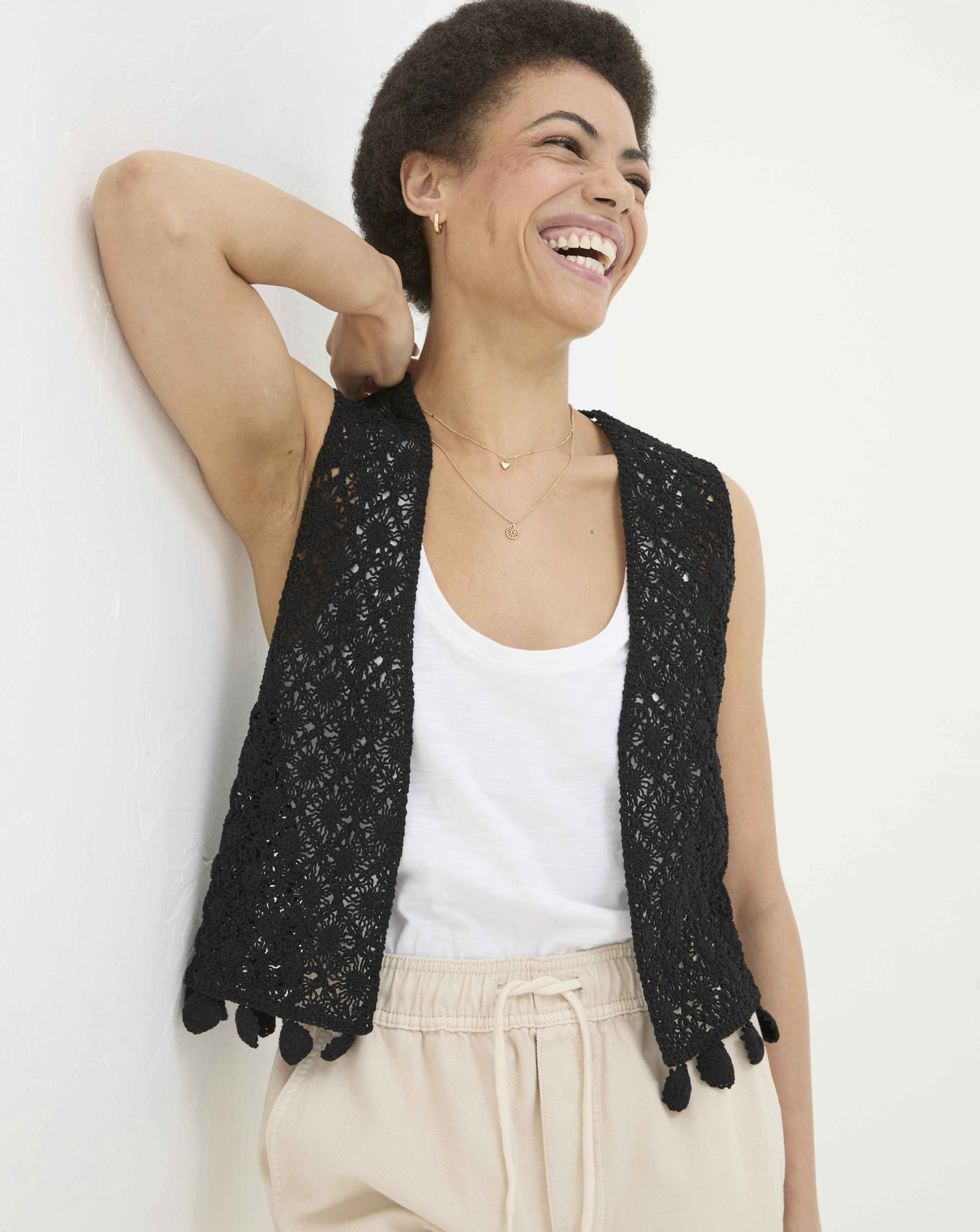 FatFace Coin Trim Crochet Waistcoat