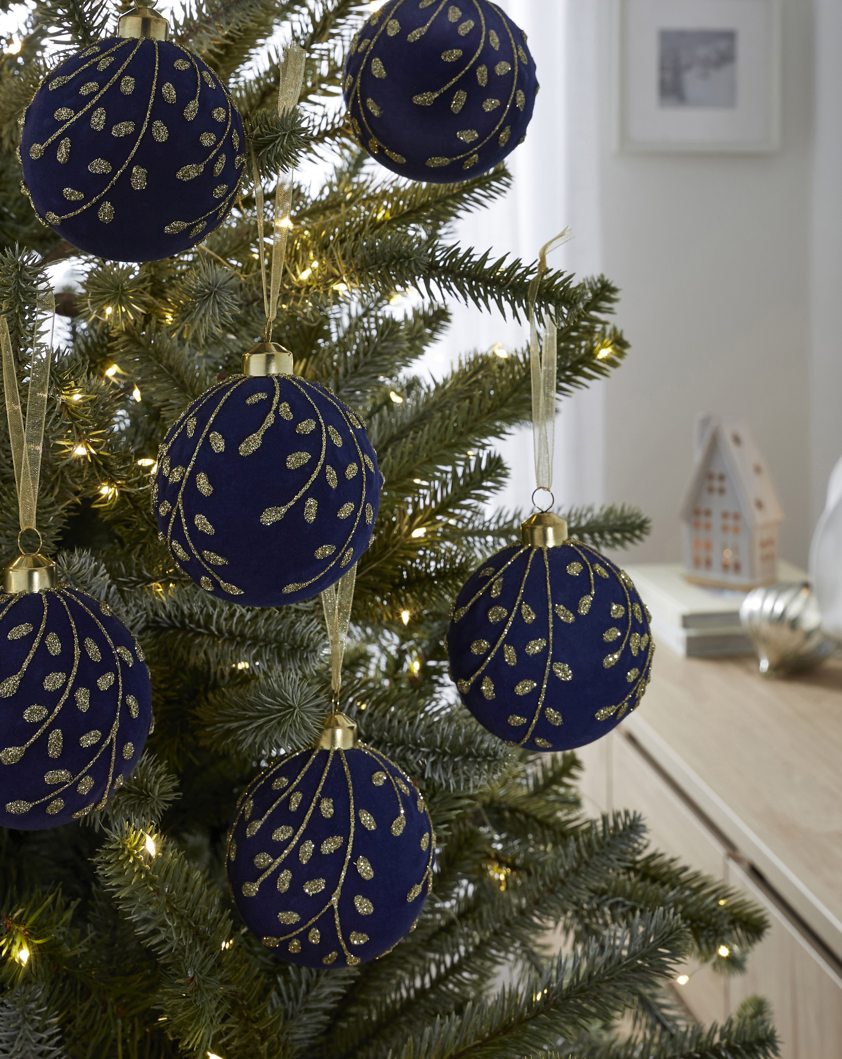 Set of 6 Flocked Navy and Gold Baubles