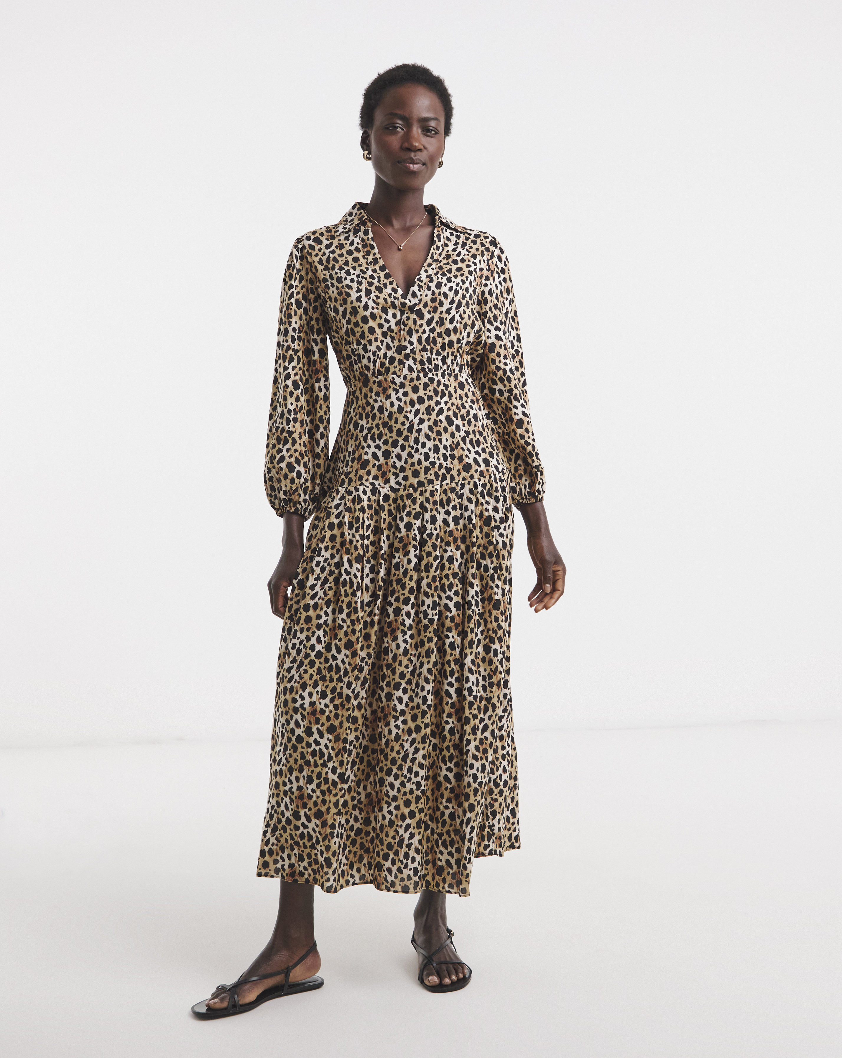 Leopard Print Collared 3/4 Sleeve Dress