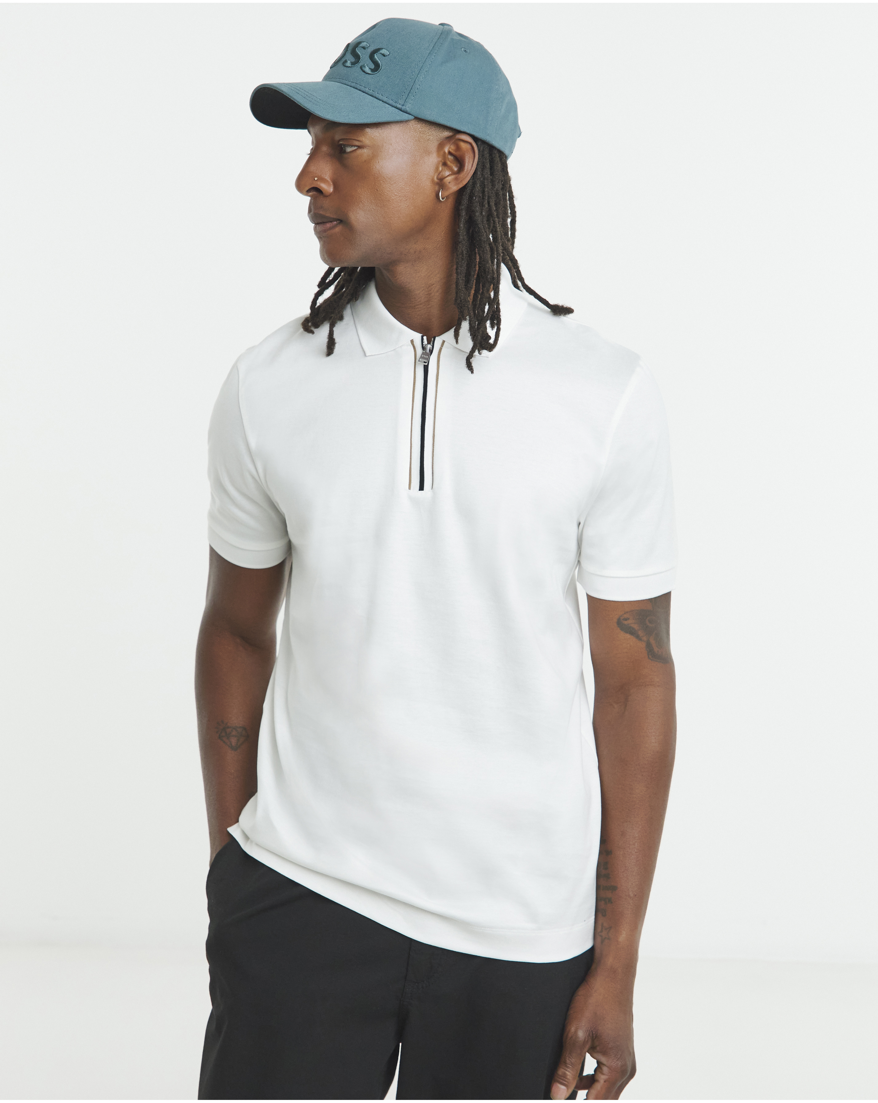 BOSS Zip Neck Polo - White