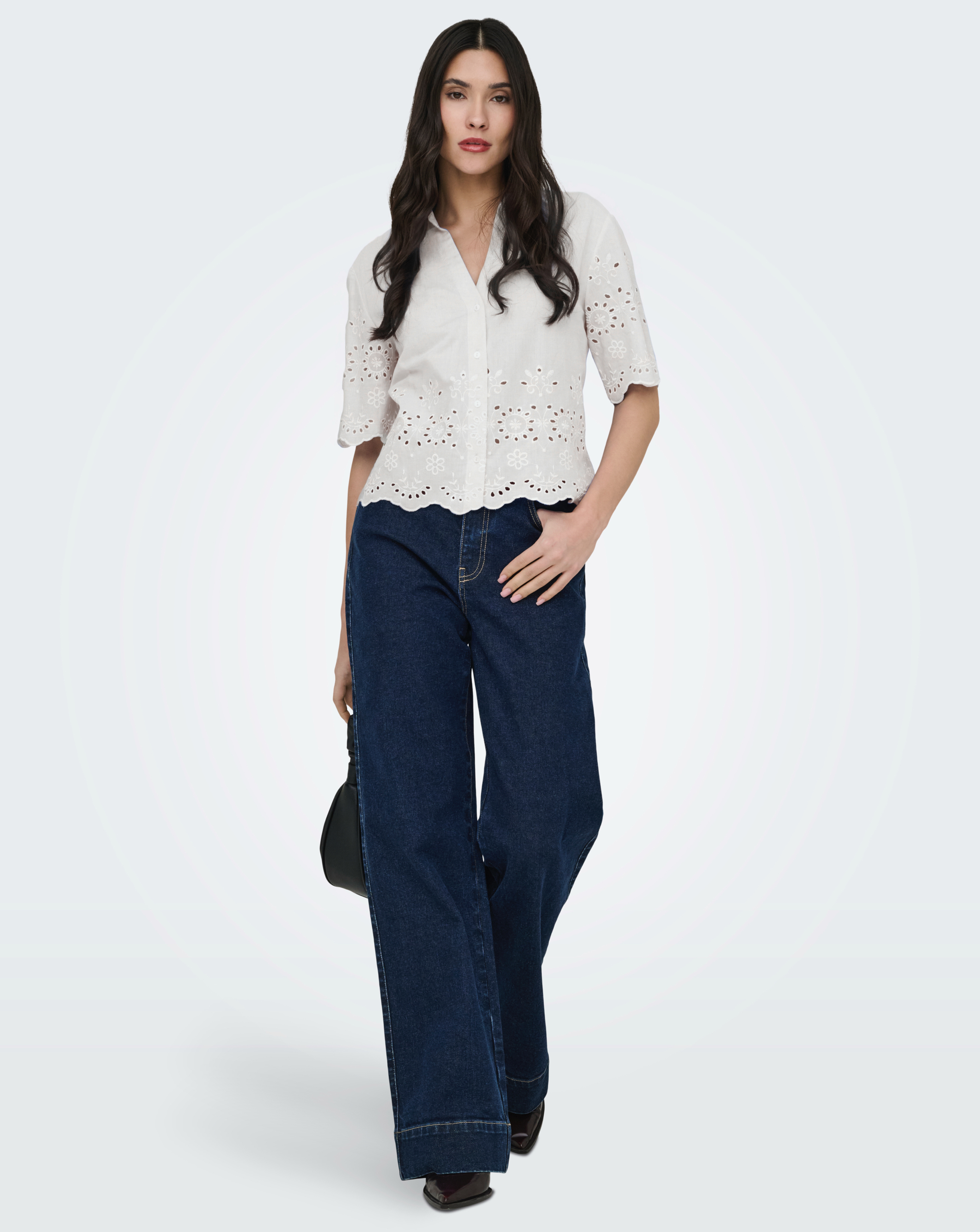 JDy White Marina Half Sleeve Embroidery Shirt - Small