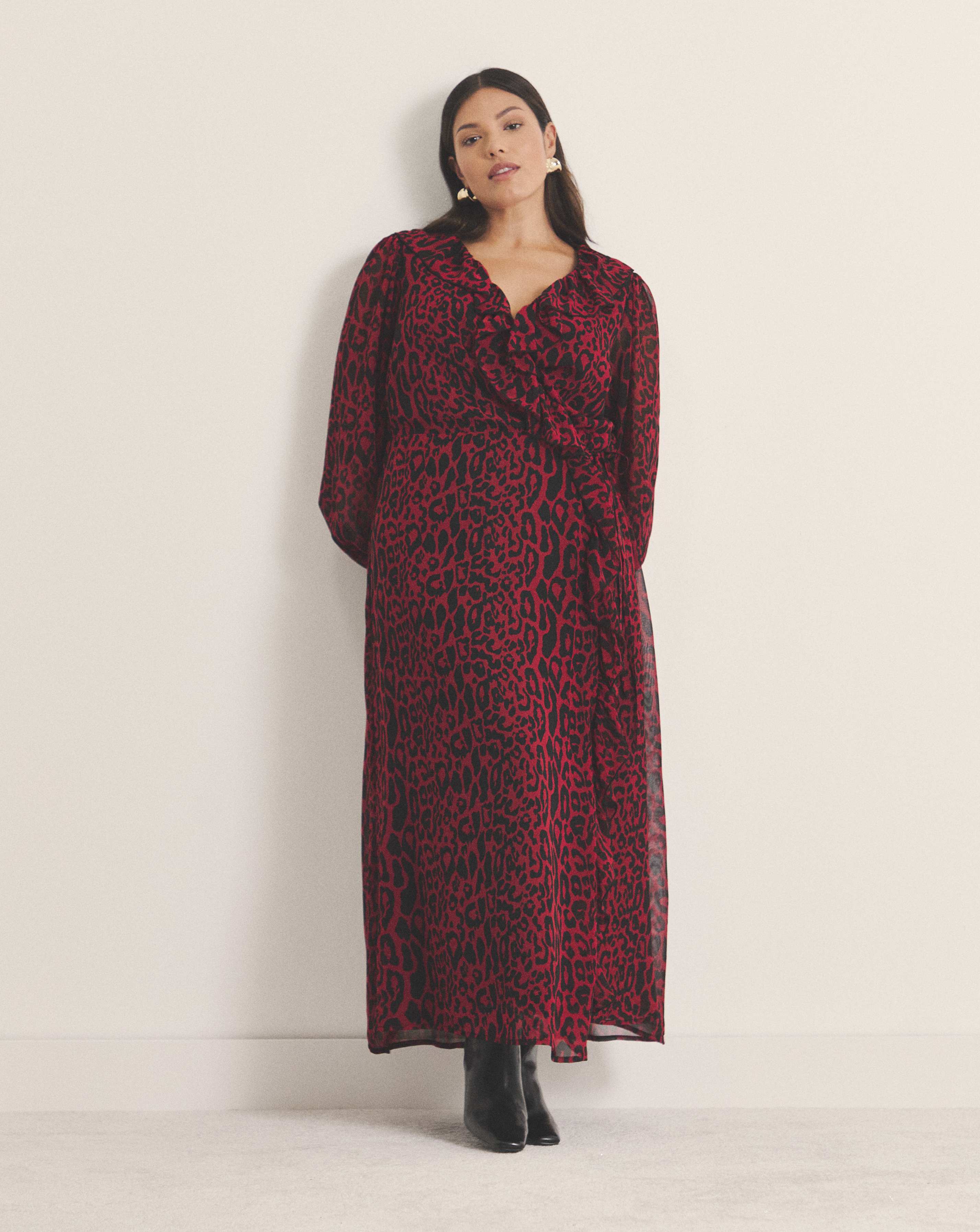 Red Leopard Georgette Wrap Dress