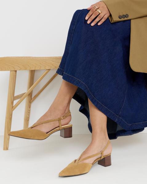 Patty Low Heel Pointed Toe Leather Slingback Shoes - Wide Fit (E) - Image