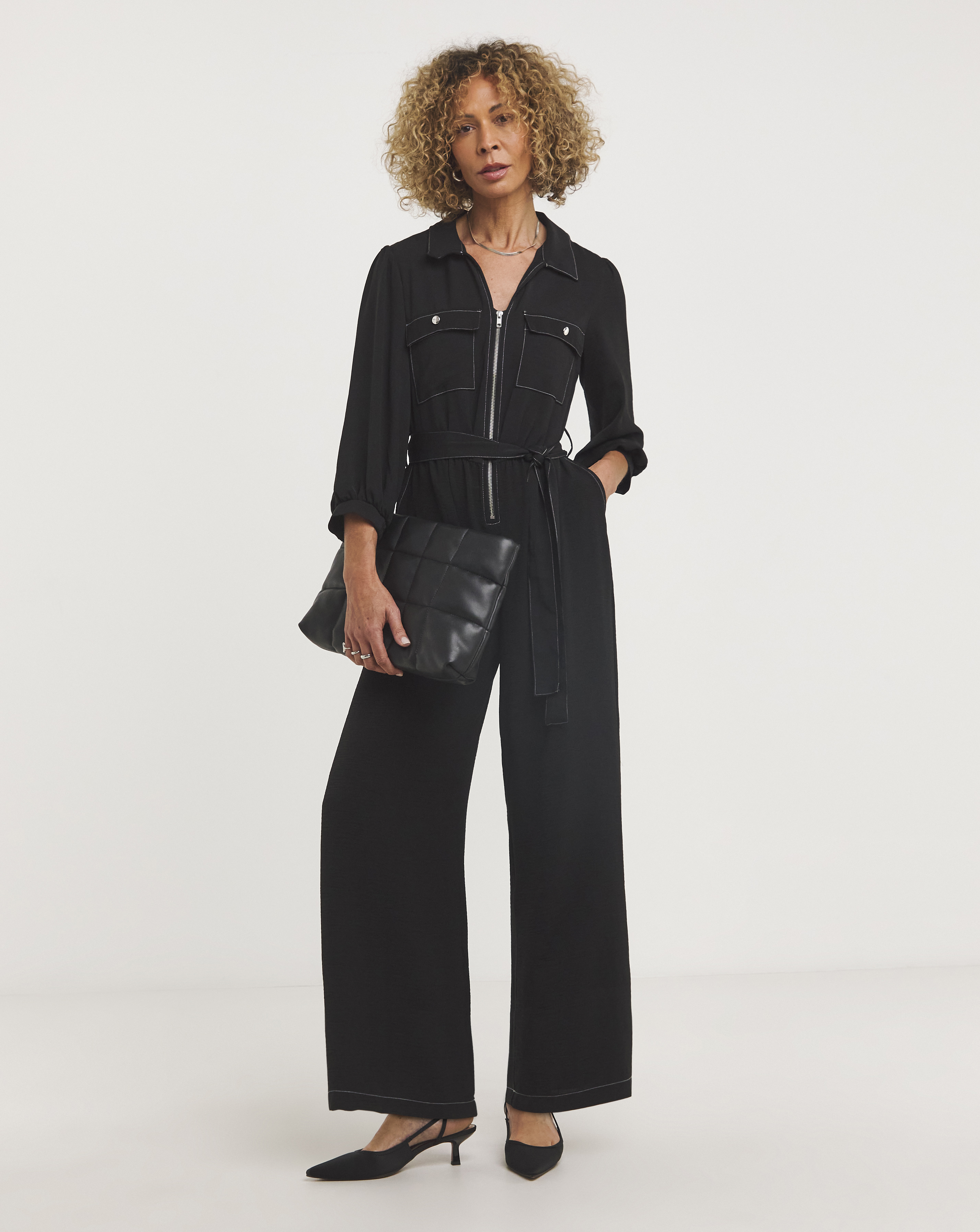 Zip Front Contrast Stitch Jumpsuit