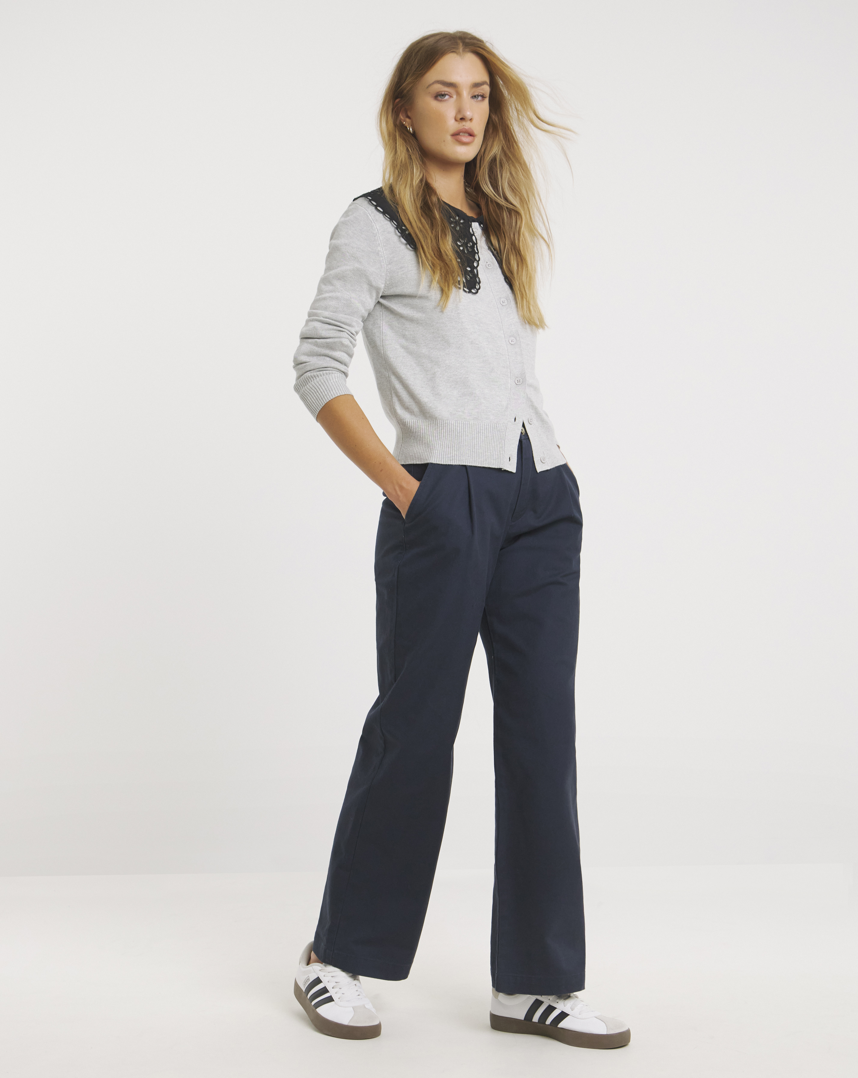 Navy Wide Leg Chino Trousers