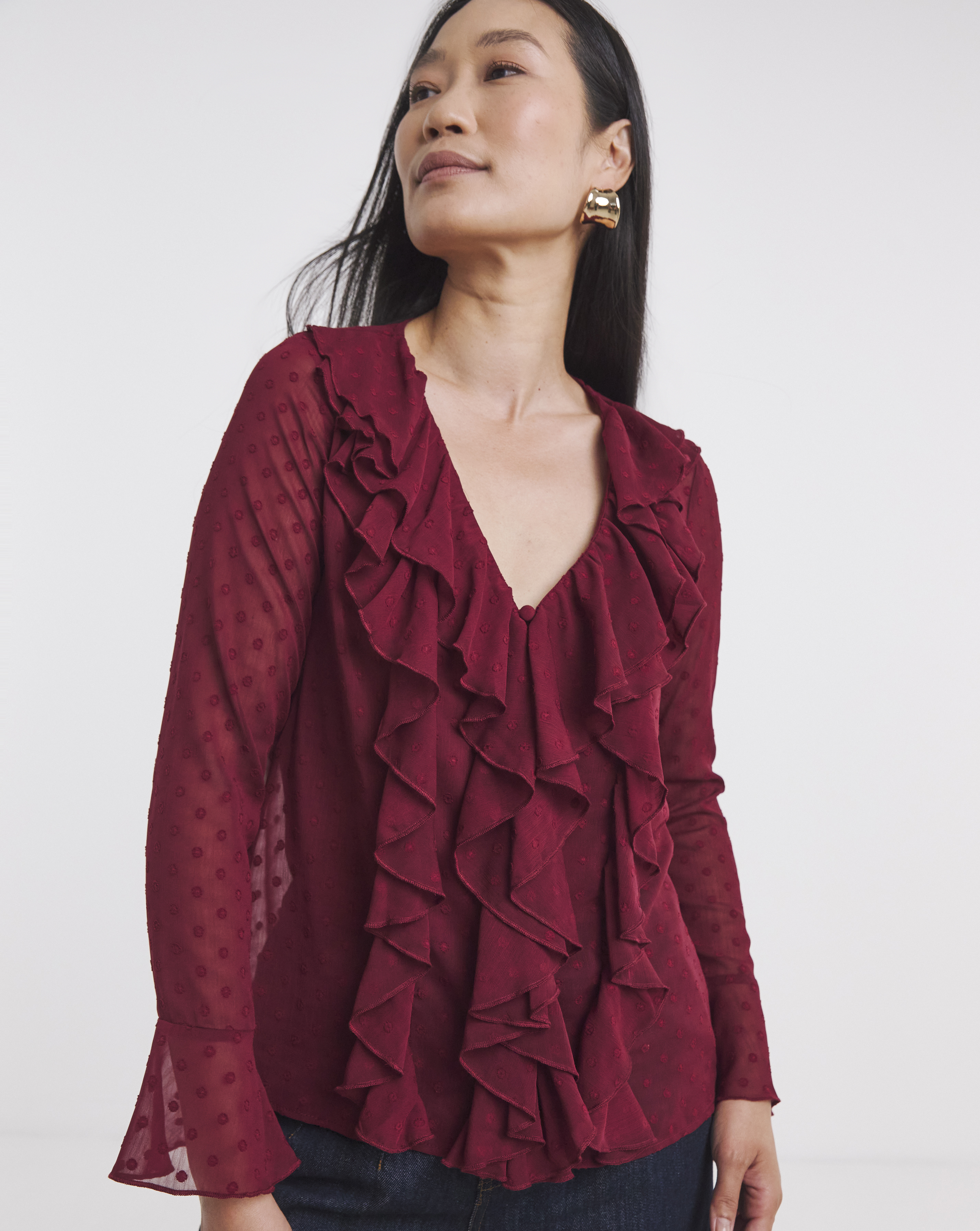Dobby Ruffle Front Blouse