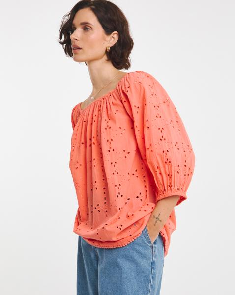 Broderie Elasticated Neckline Top - Coral