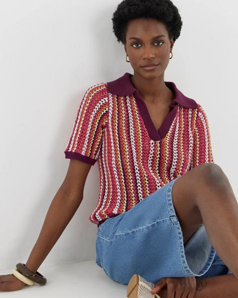Crochet Stripe Knitted Short Sleeve Polo