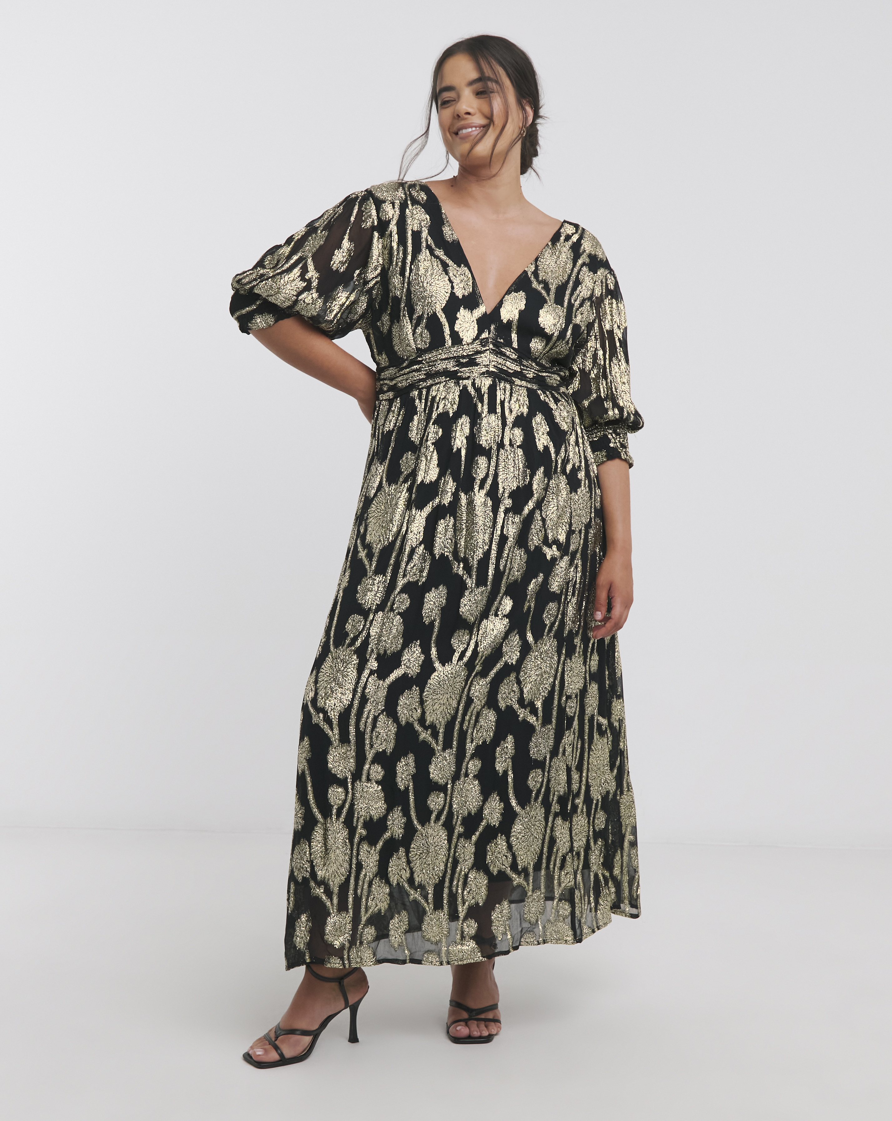 Simply Be - Women's Black and Gold Jacquard Maxi Dress - Size 10 - Black/gold