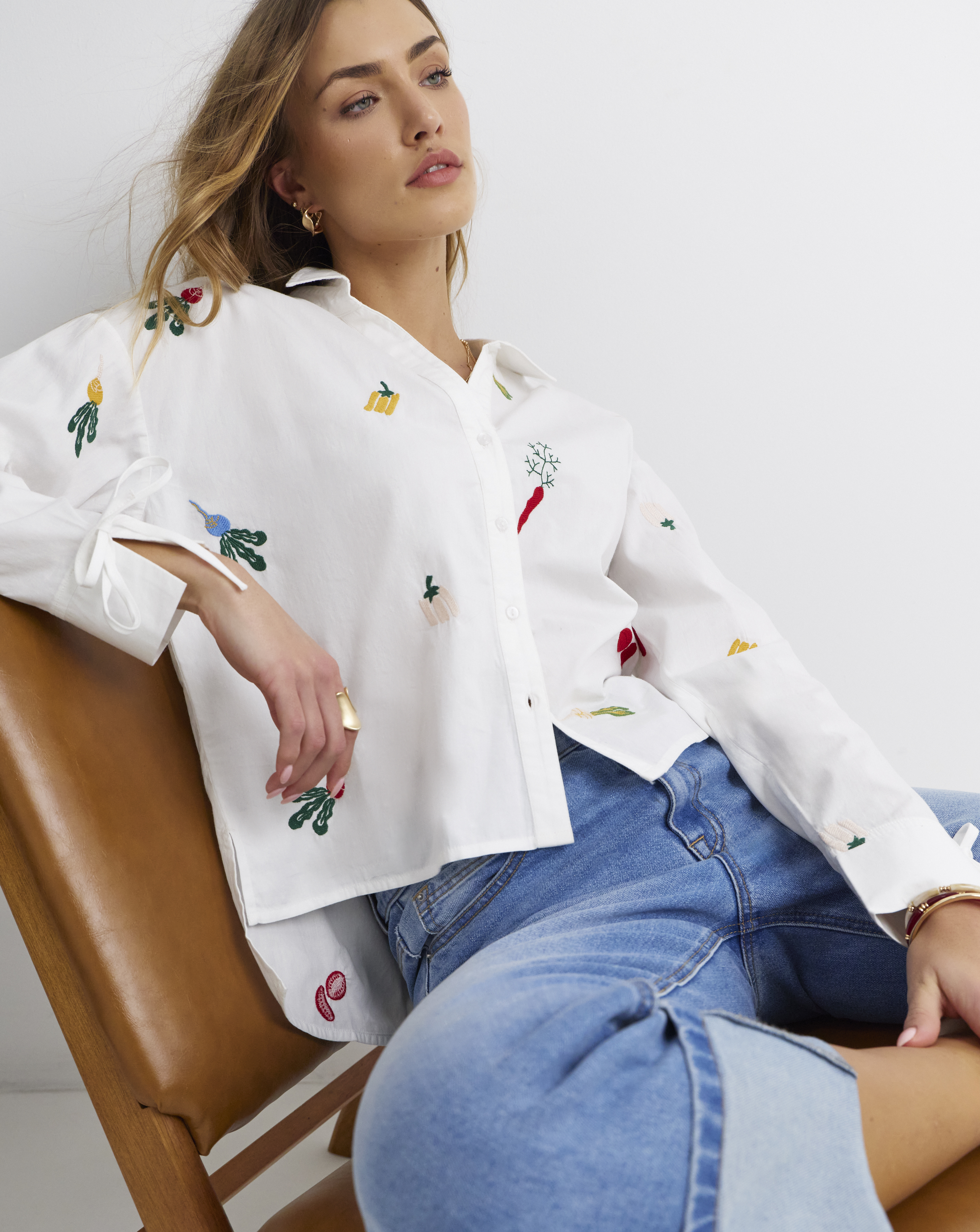 White Embroidered Fruit Shirt