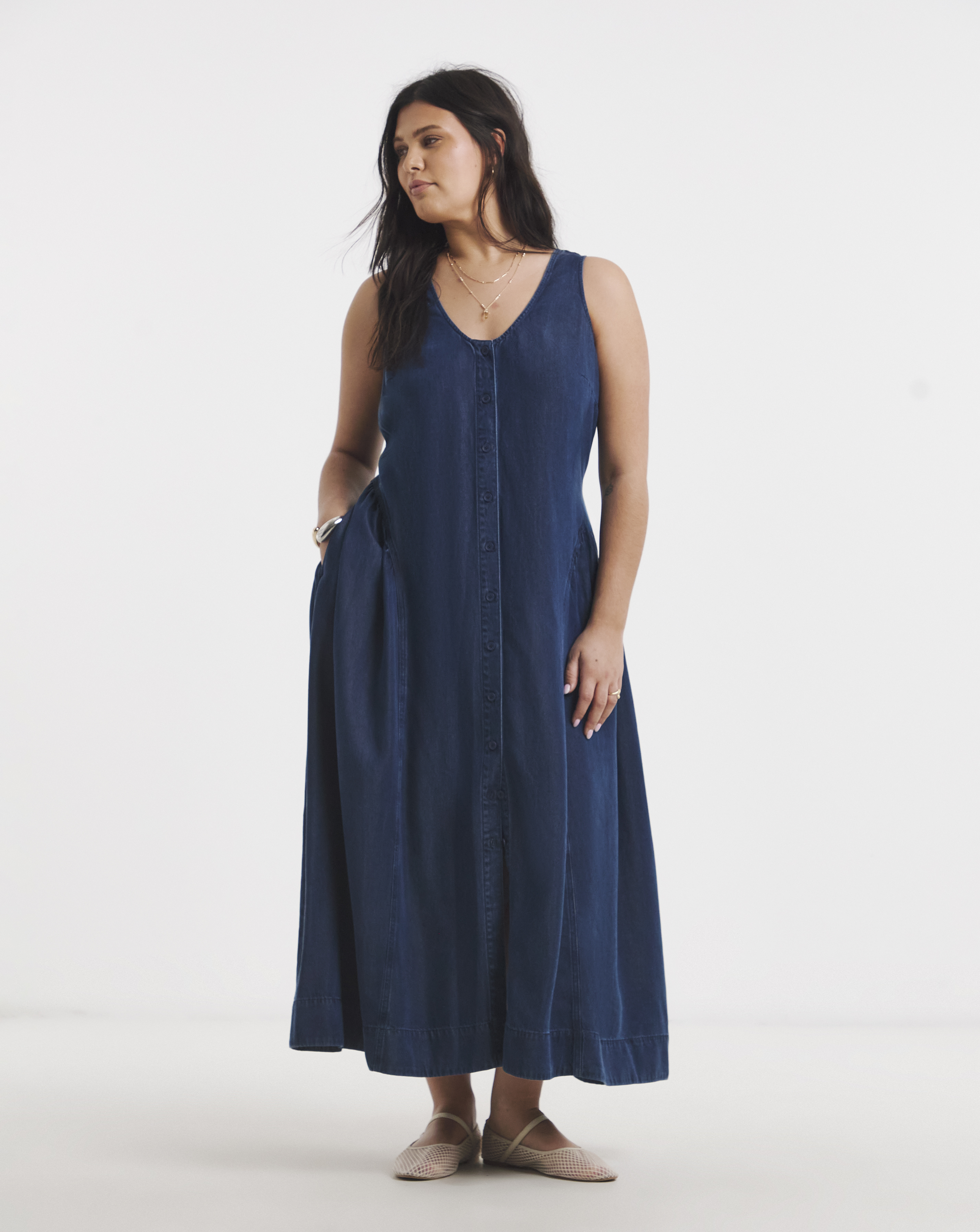 Indigo Lyocell Denim Button Midi Dress