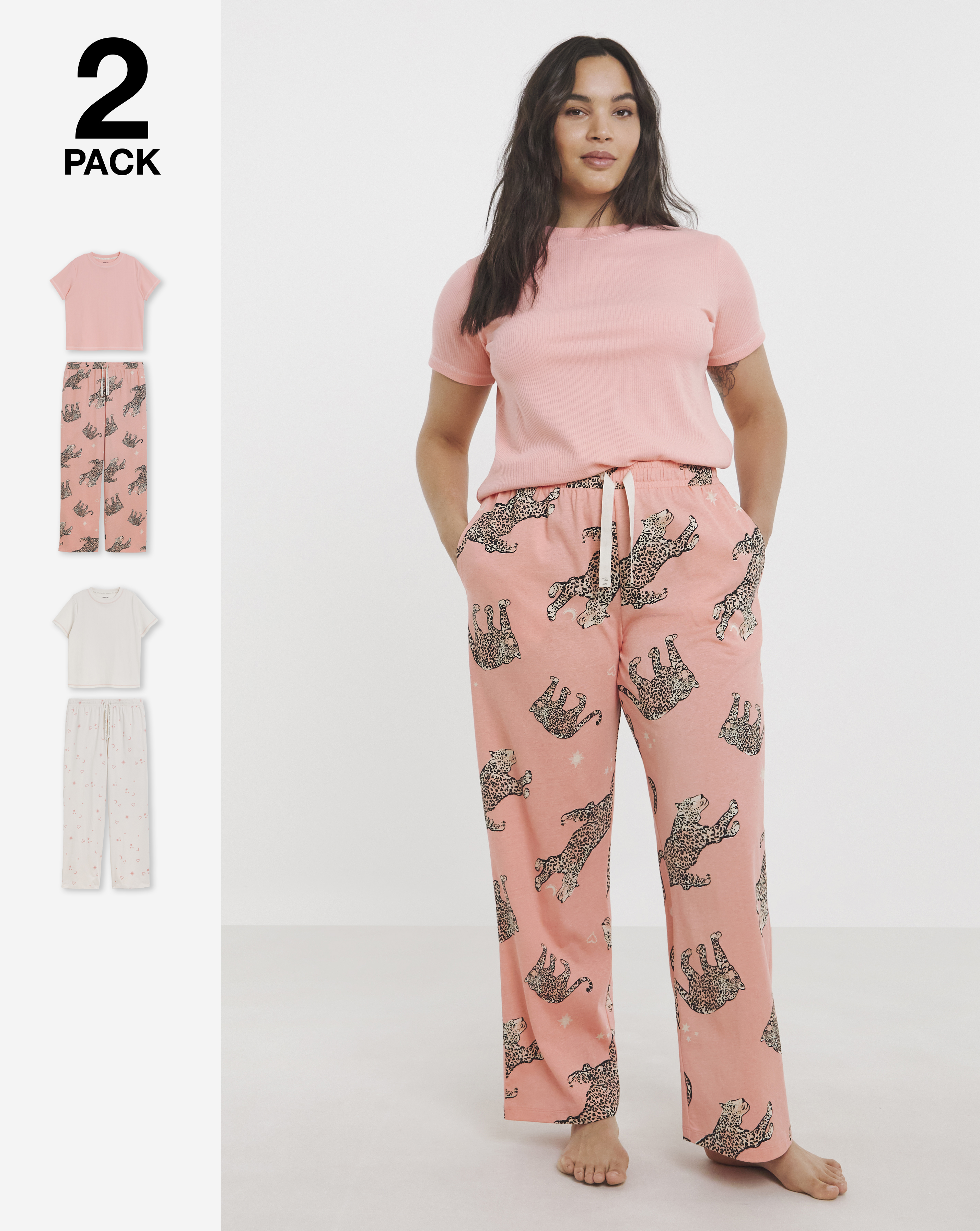 2 Pack Ribbed T Shirt PJ Sets