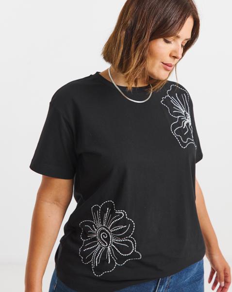 Embroidered and Beaded Floral T-Shirt