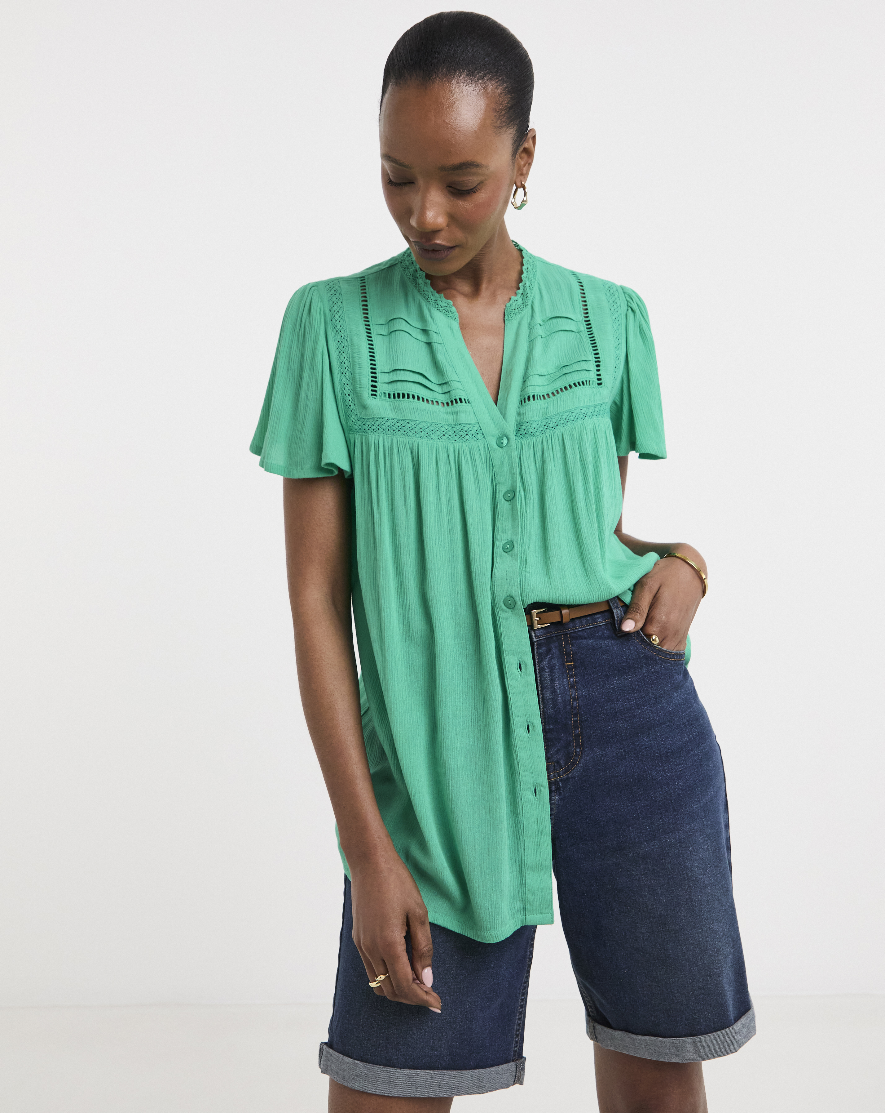 Textured Crinkle Ladder Insert Blouse
