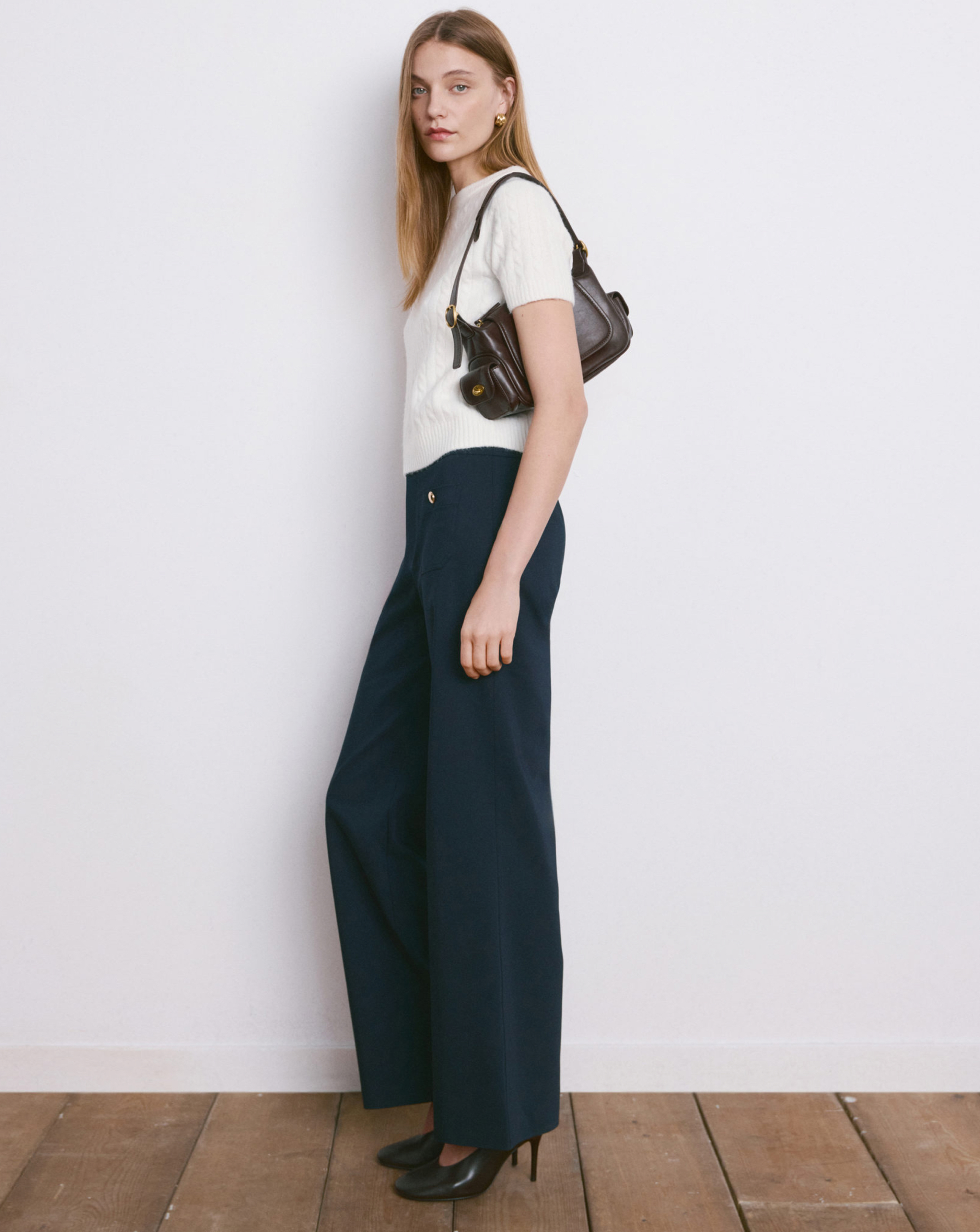 Mango Women's Navy Wide Leg Trouser Button Detail Size 14