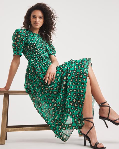 Whistles Leopard Shirred Midi Dress