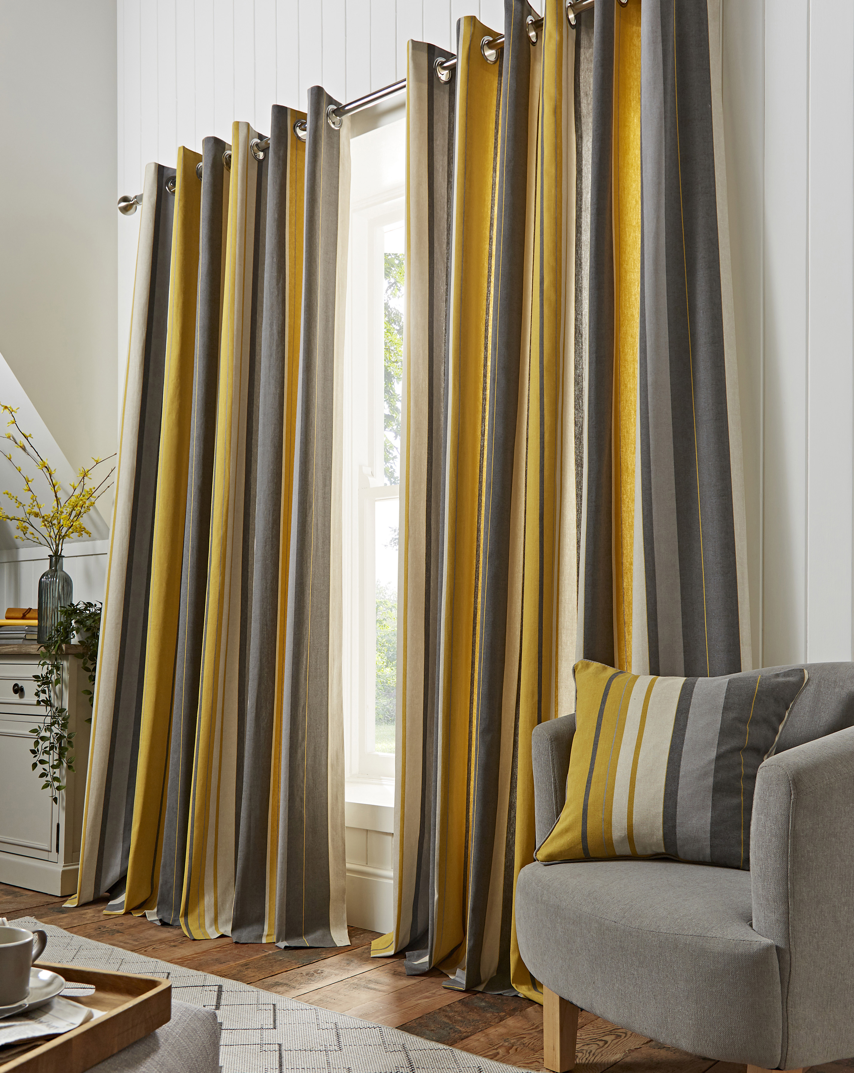 JD Williams Ochre Fusion Whitworth Stripe Eyelet Curtains - Size 117 X 137Cm