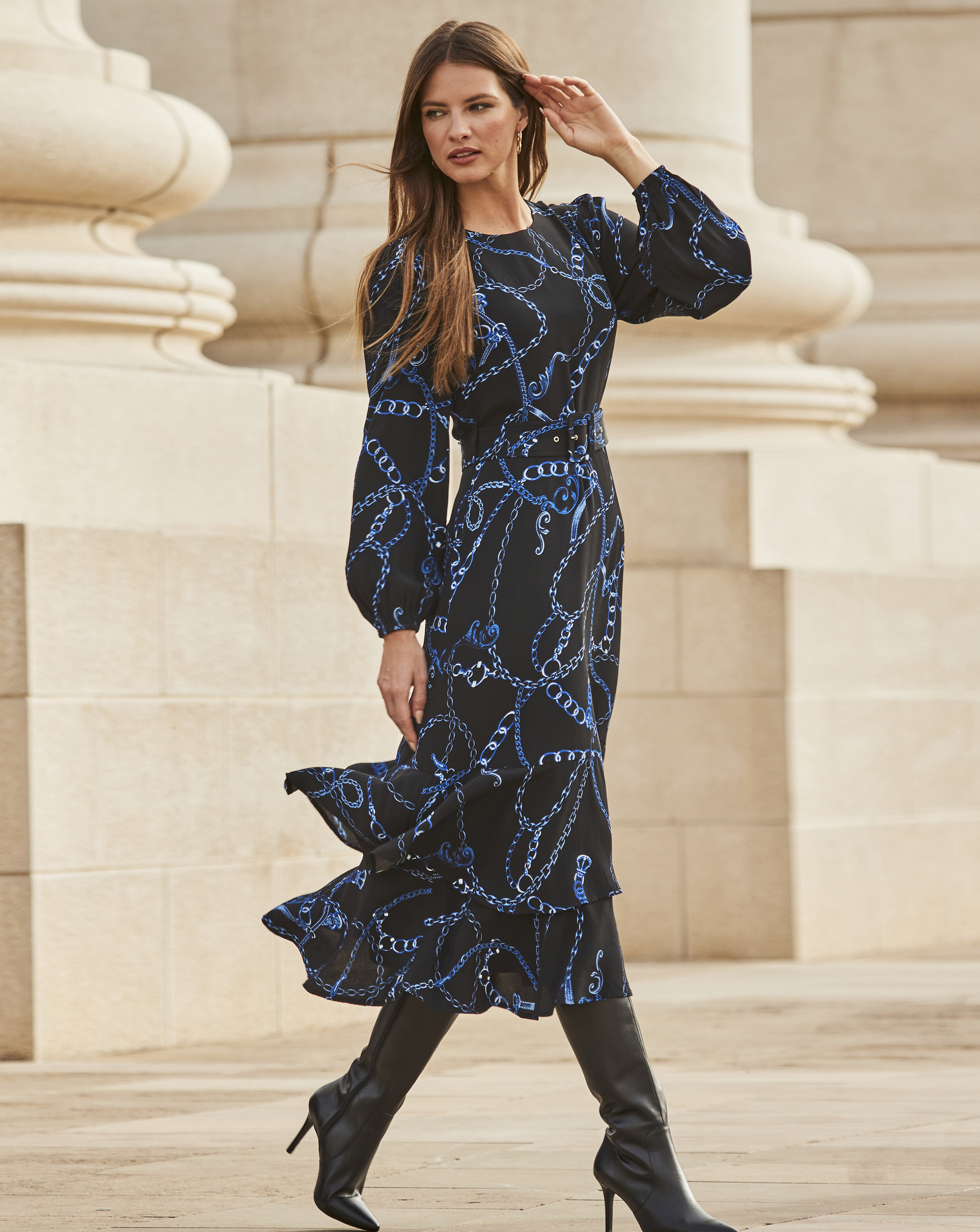 Sosandar Chain Print Ruffle Dress