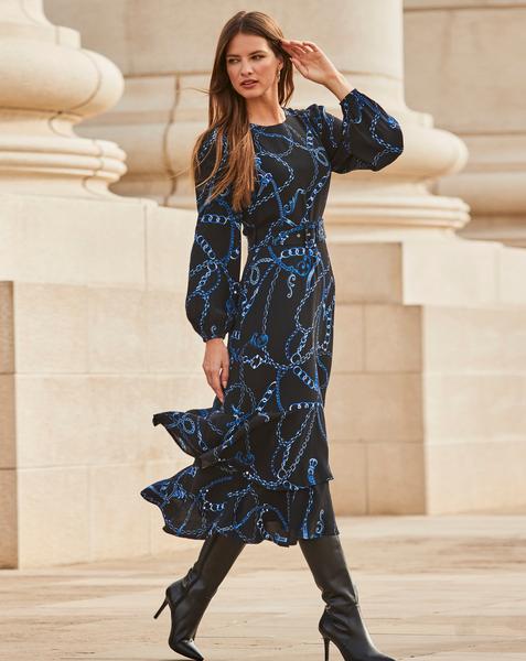 Sosandar Chain Print Ruffle Dress