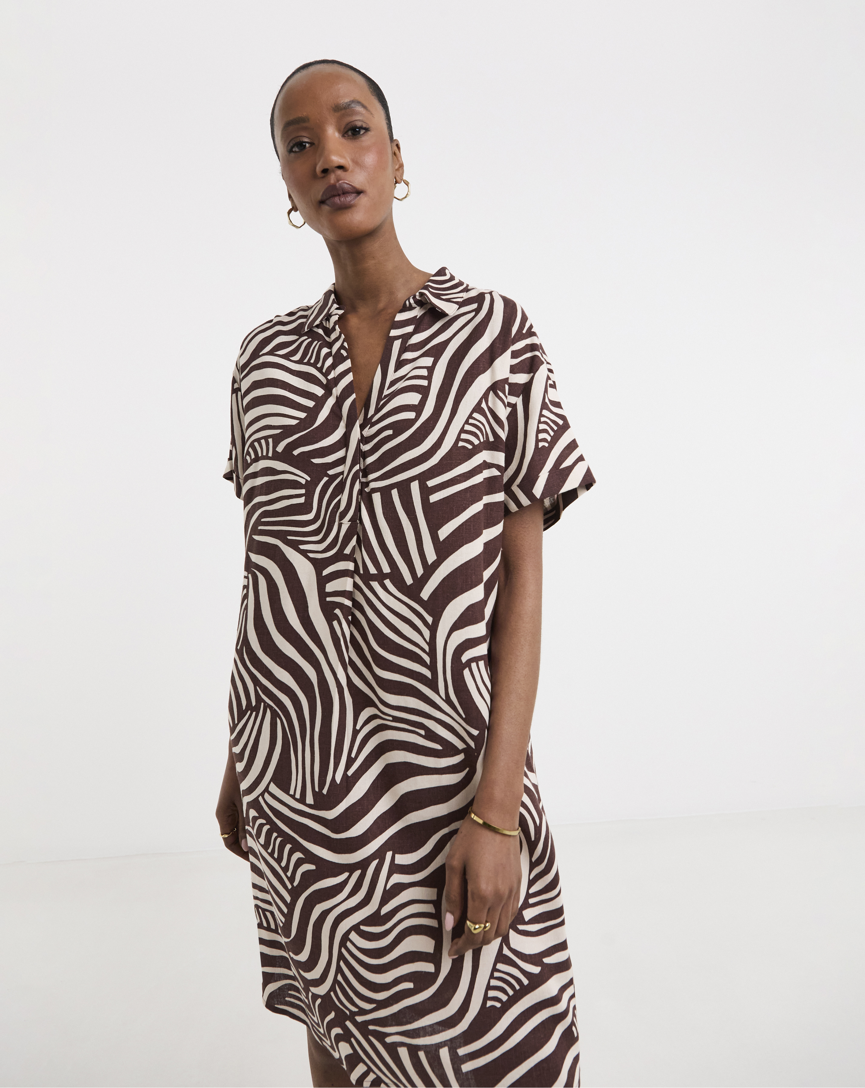 Linen Mix Collared Tunic Dress