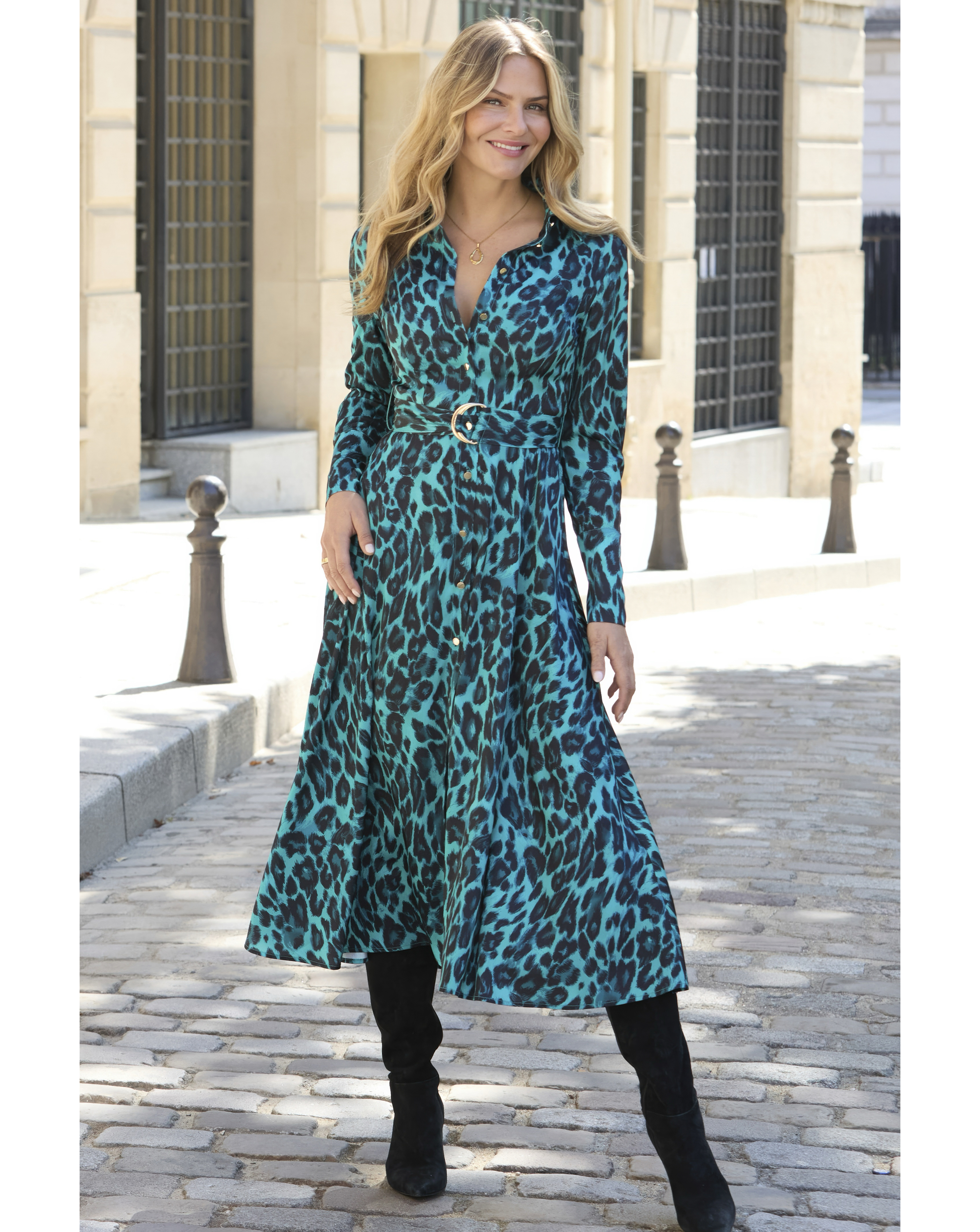Sosandar Belted Animal Shirt Dress