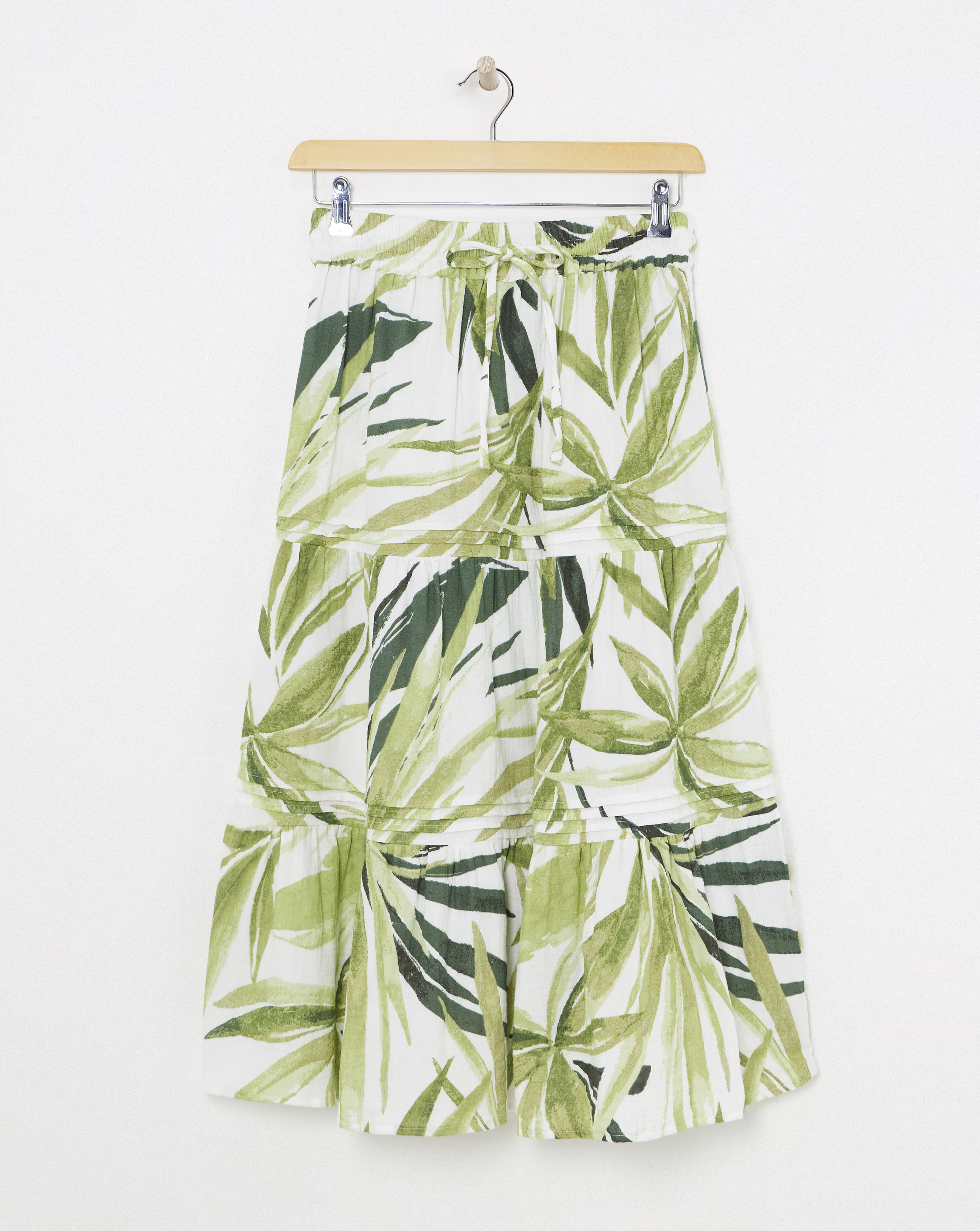 Green Palm Print Cheesecloth Midi Skirt