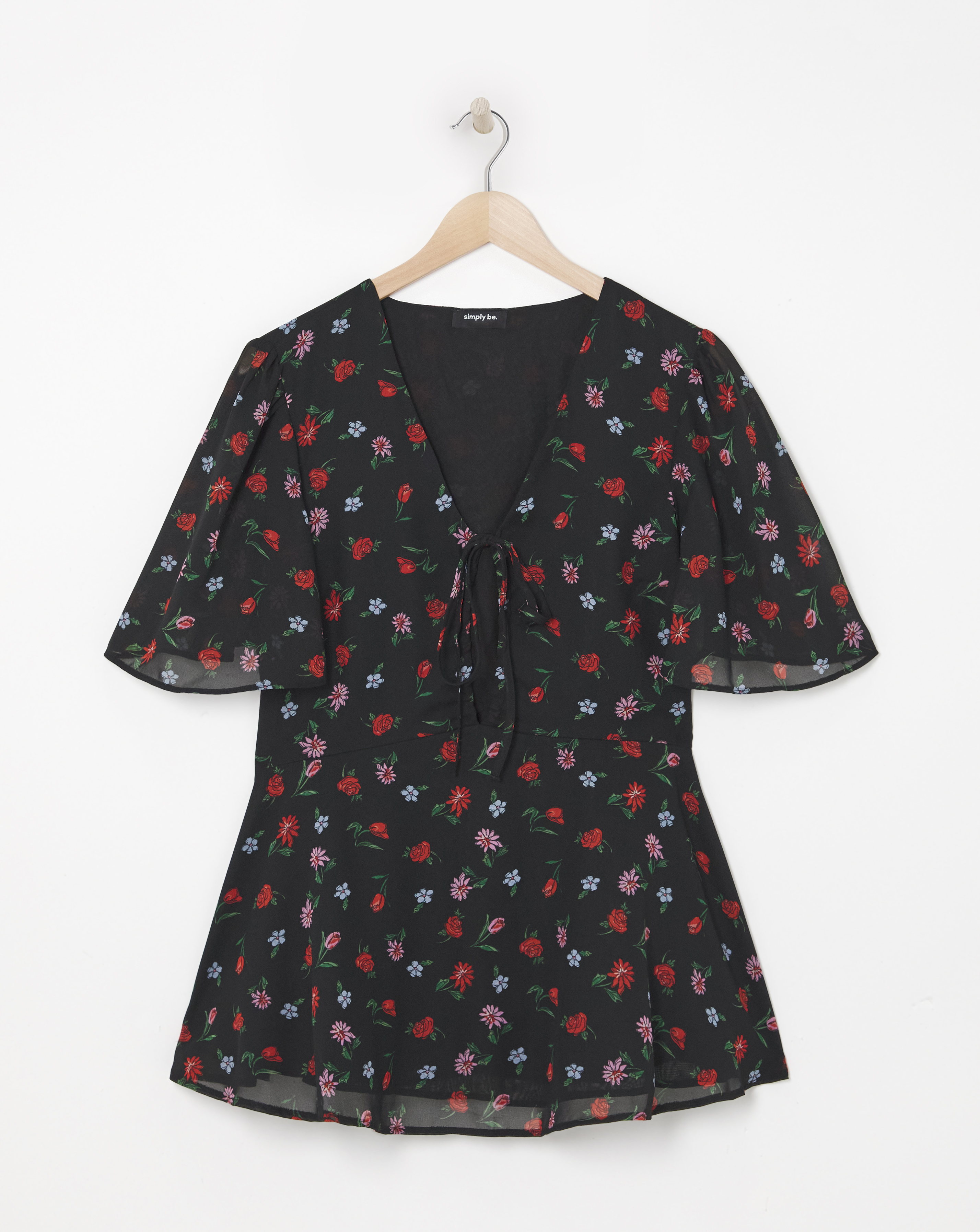 Ruched Keyhole Tie Blouse - Black Print - Womens - Size 10 - Simply Be