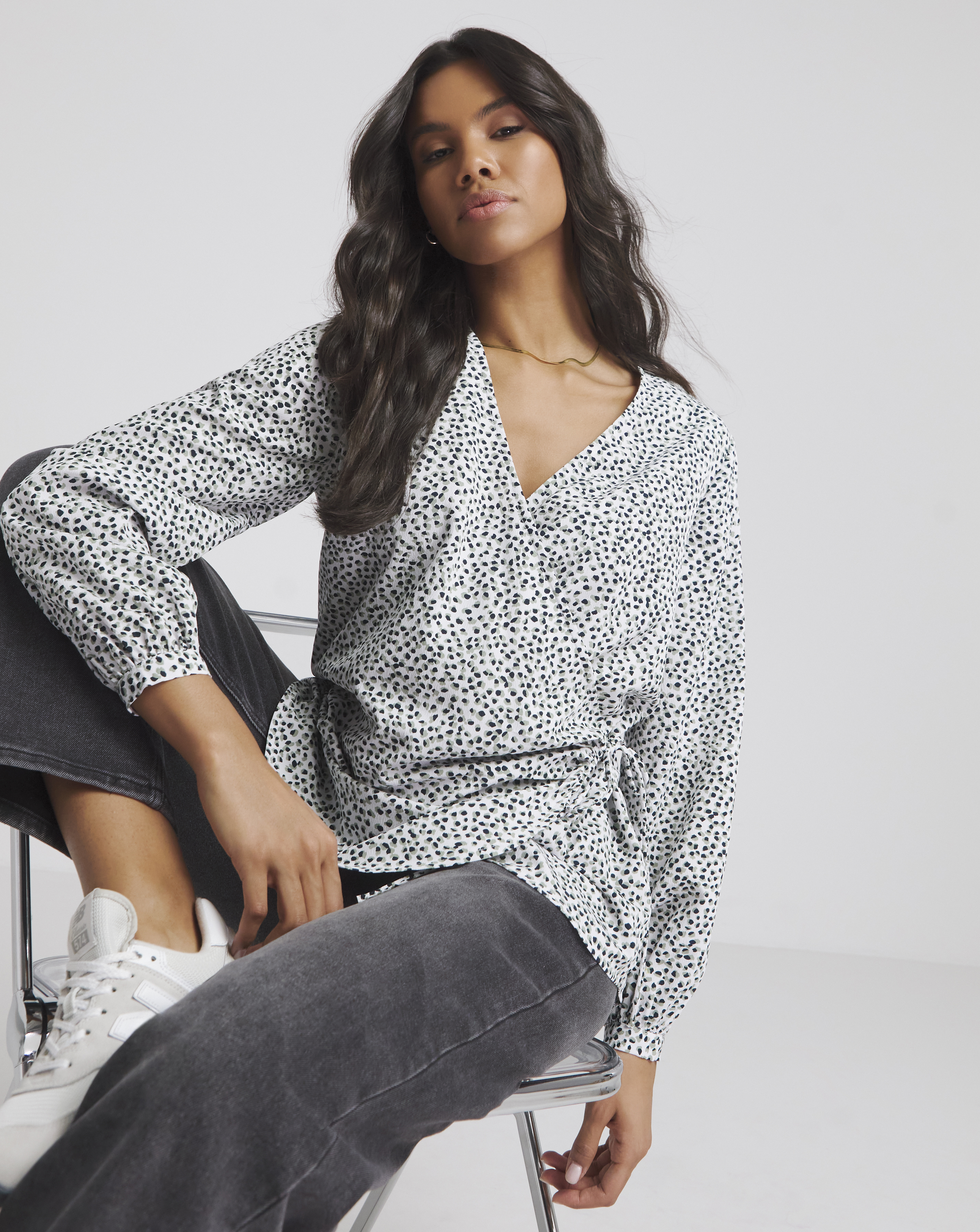 Spot Print Tie Front Wrap Blouse