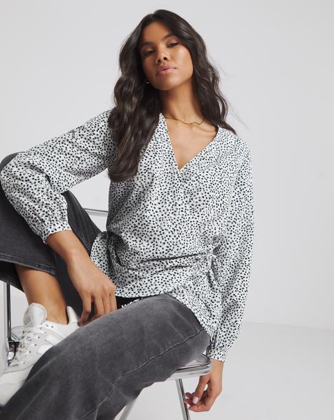 Spot Print Tie Front Wrap Blouse