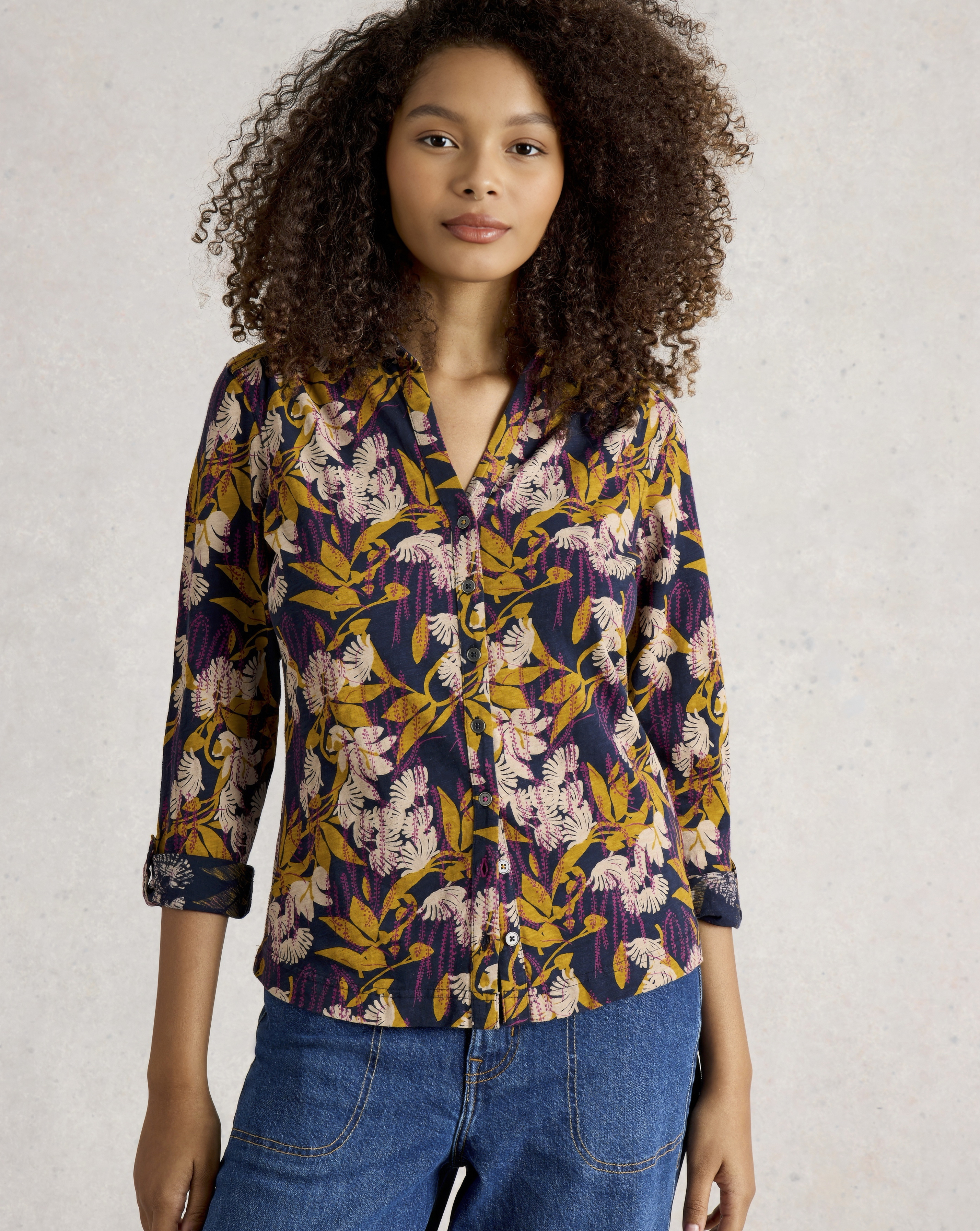 White Stuff Navy Multi Annie Jersey Shirt - Size 8