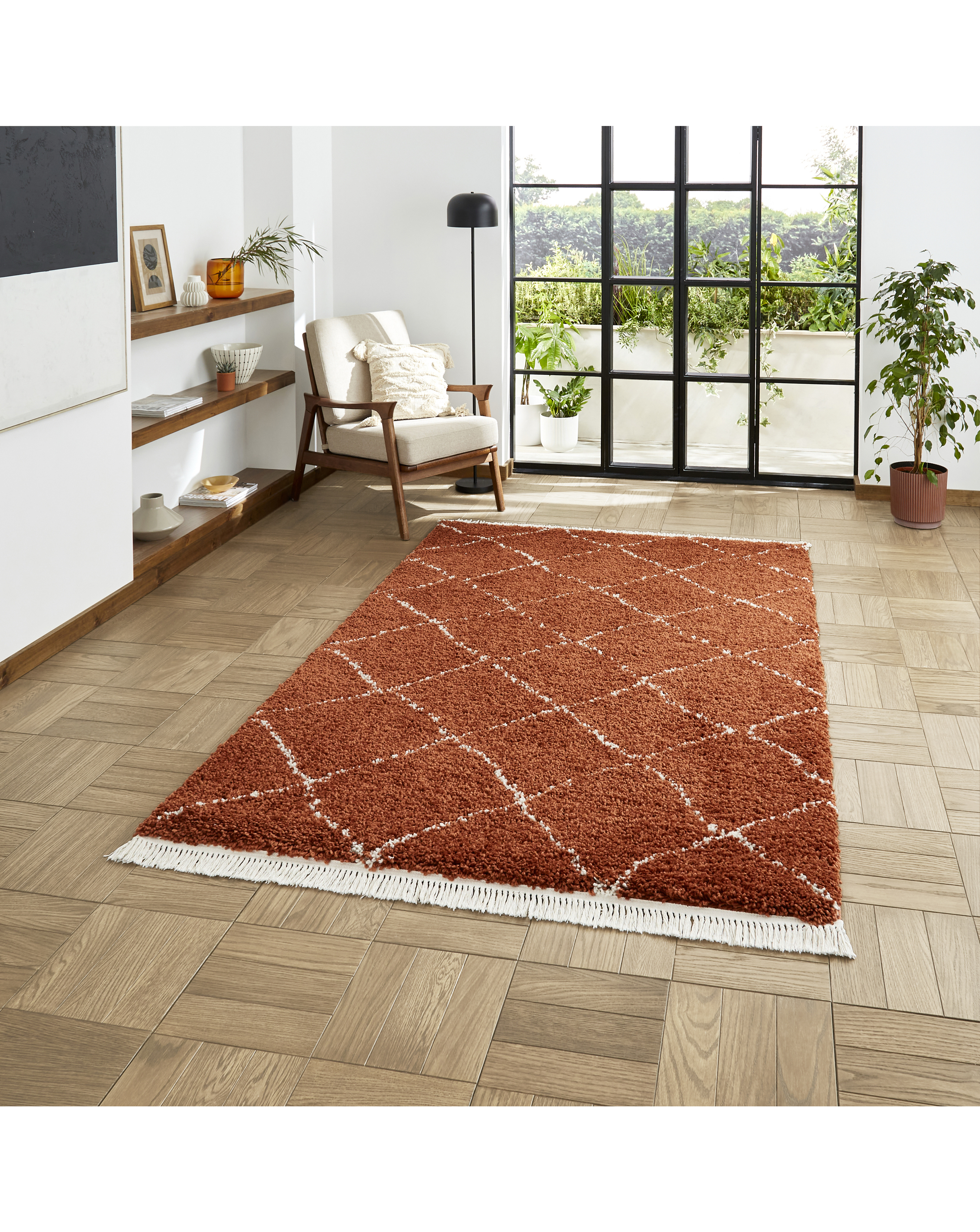 Think Rugs Boho Berber Rug Rust - 160x230cm - Shaggy Pile - 100% Polypropylene