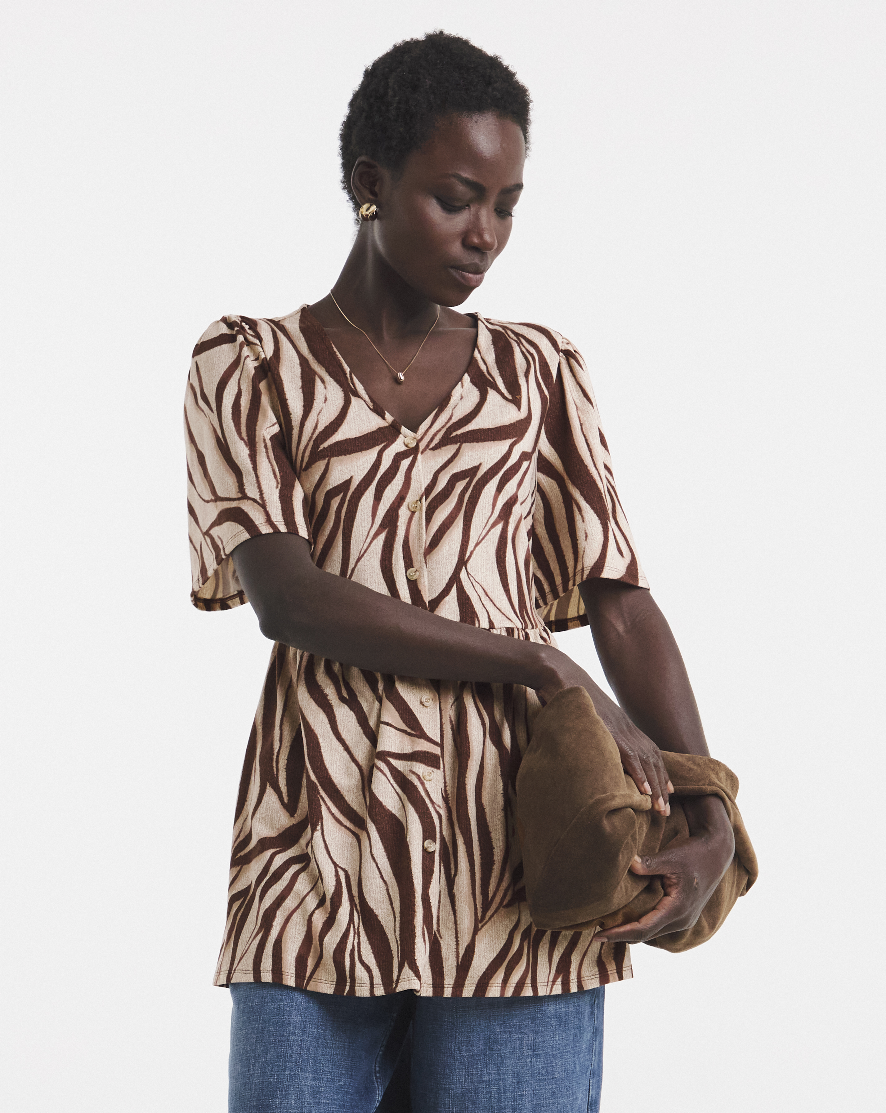 Button Front Angel Sleeve Top Longline