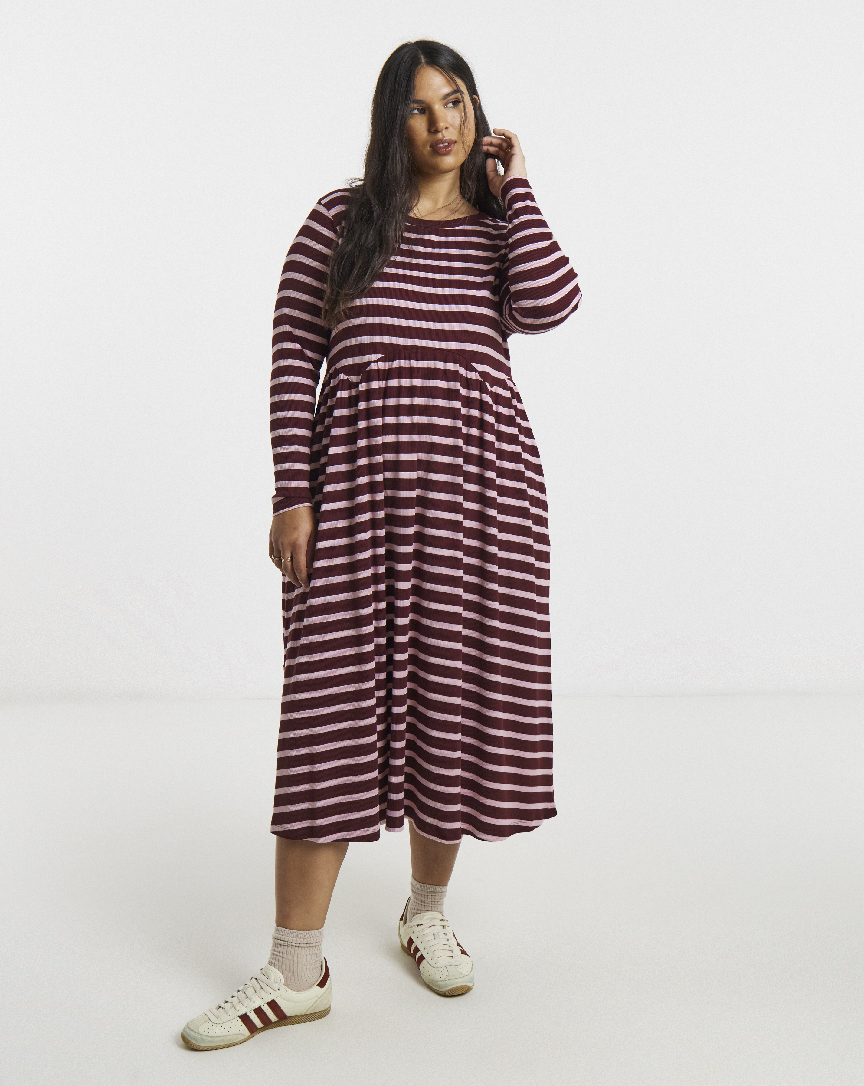 Burgundy Stripe Ribbed Midi Dress