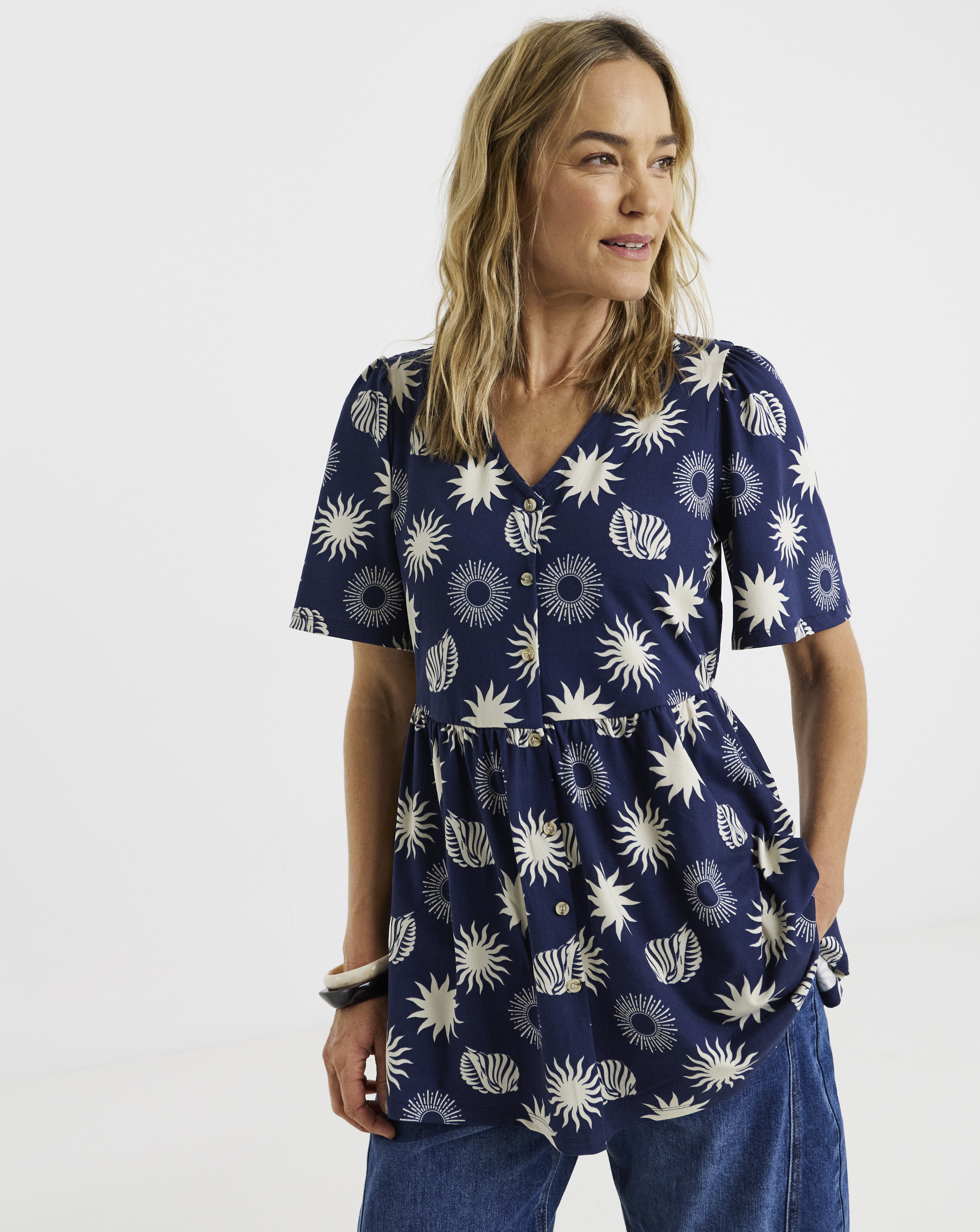 Button Front Angel Sleeve Top Longline