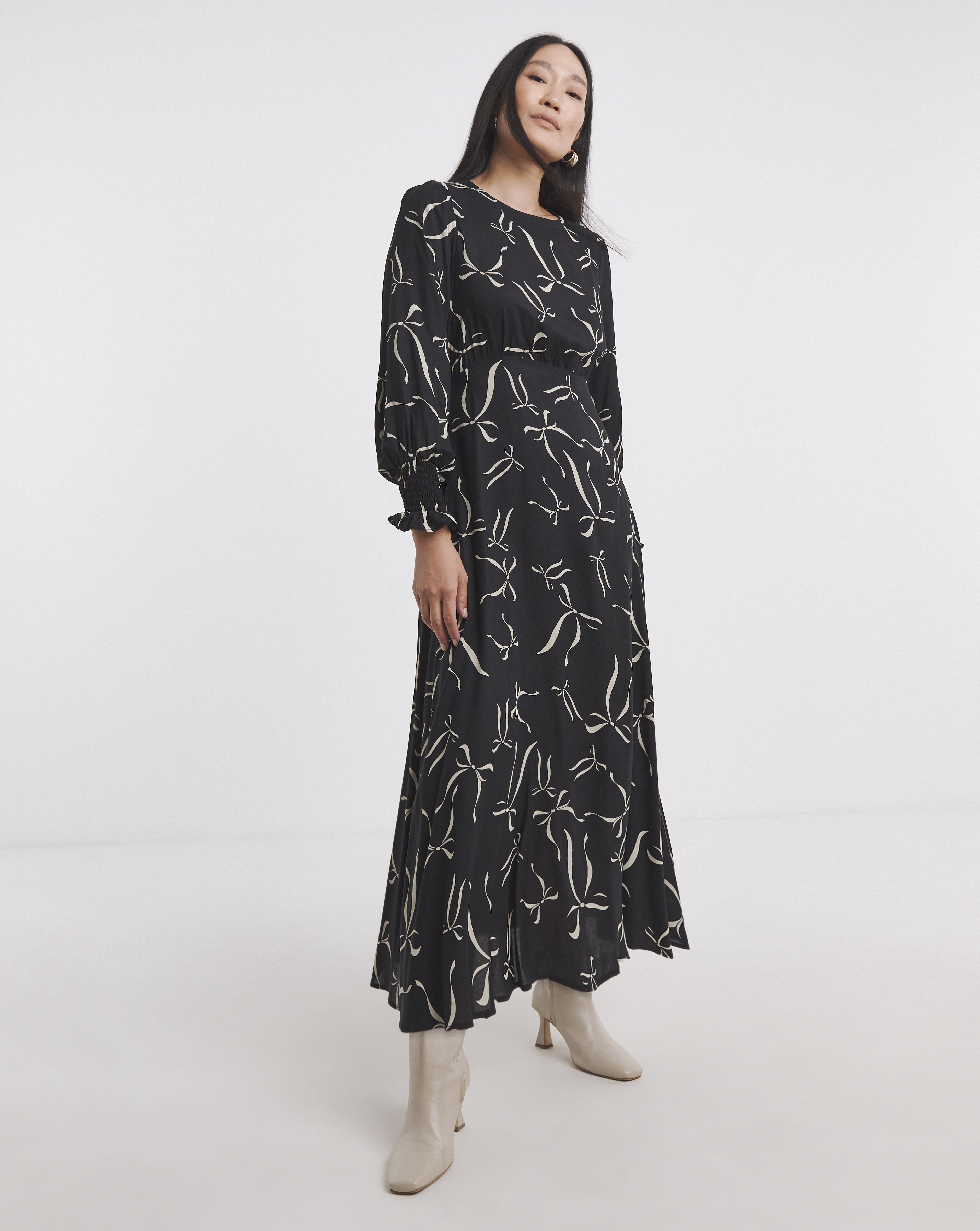 Shirred Cuff Long Sleeve Tea Dress