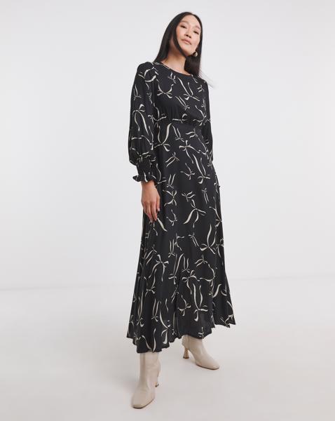 Shirred Cuff Long Sleeve Tea Dress