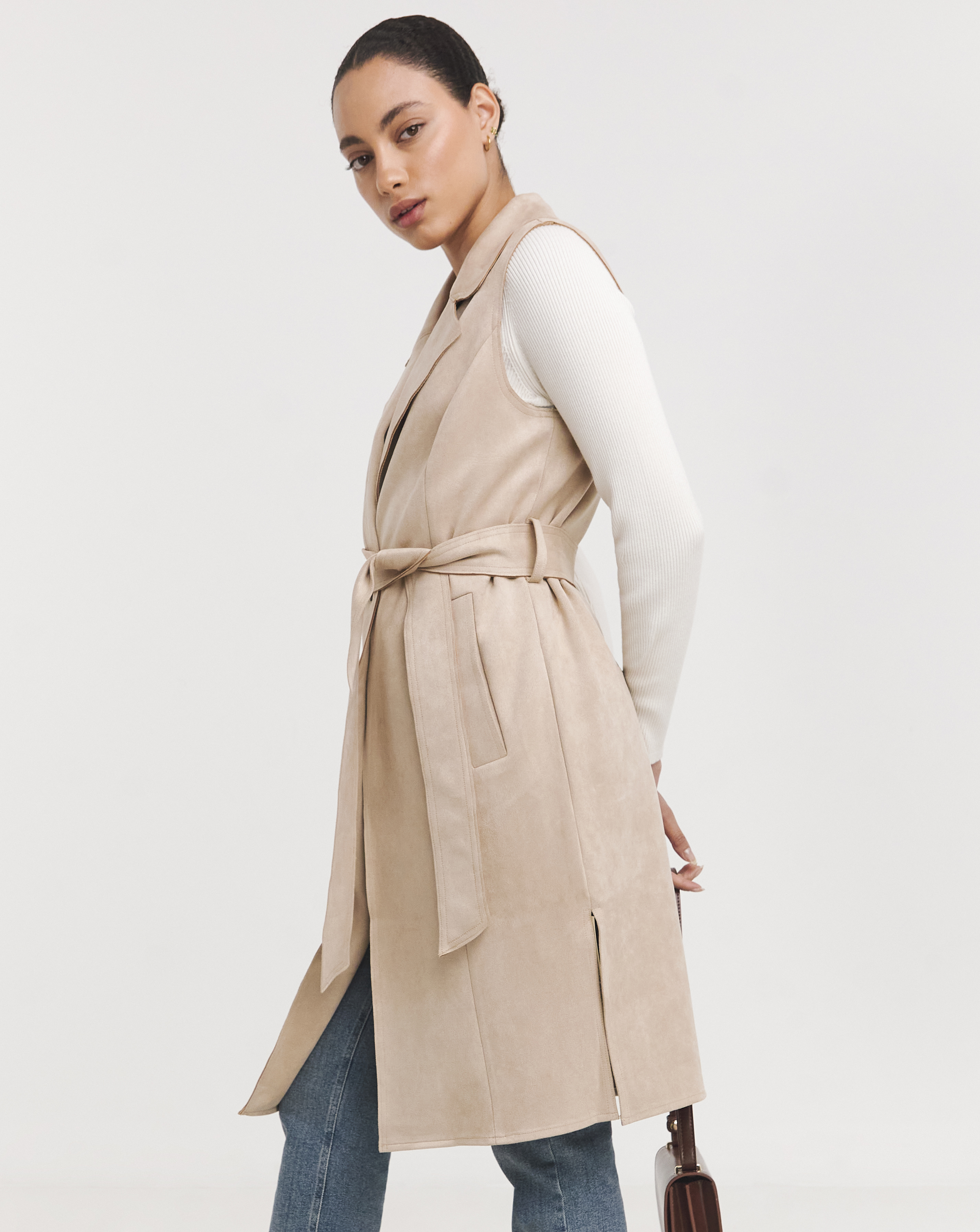 Camel Suedette Longline Gilet - Camel