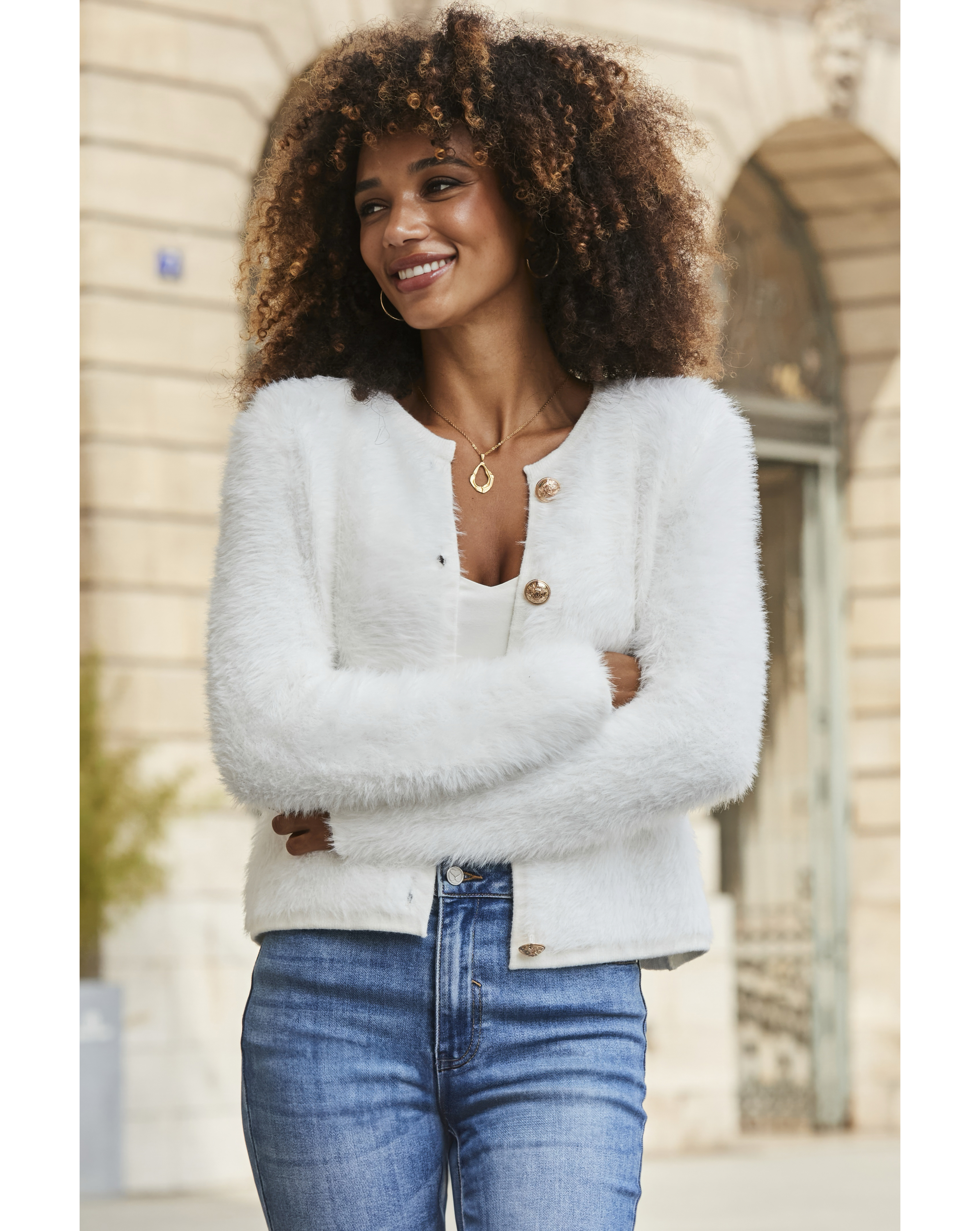 Sosandar Crew Neck Fluffy Cardigan