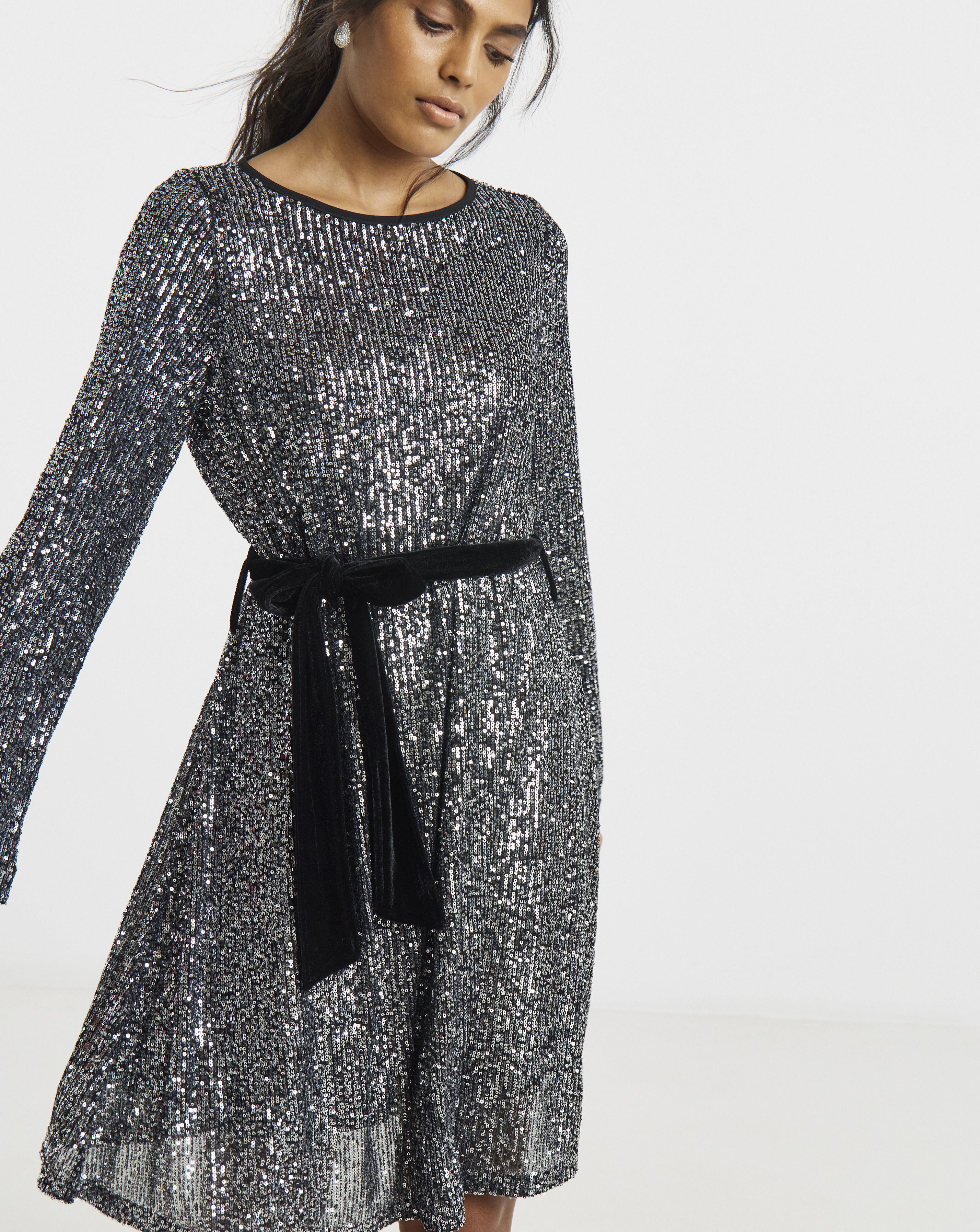 Silver Sequin Skater Dress With Belt