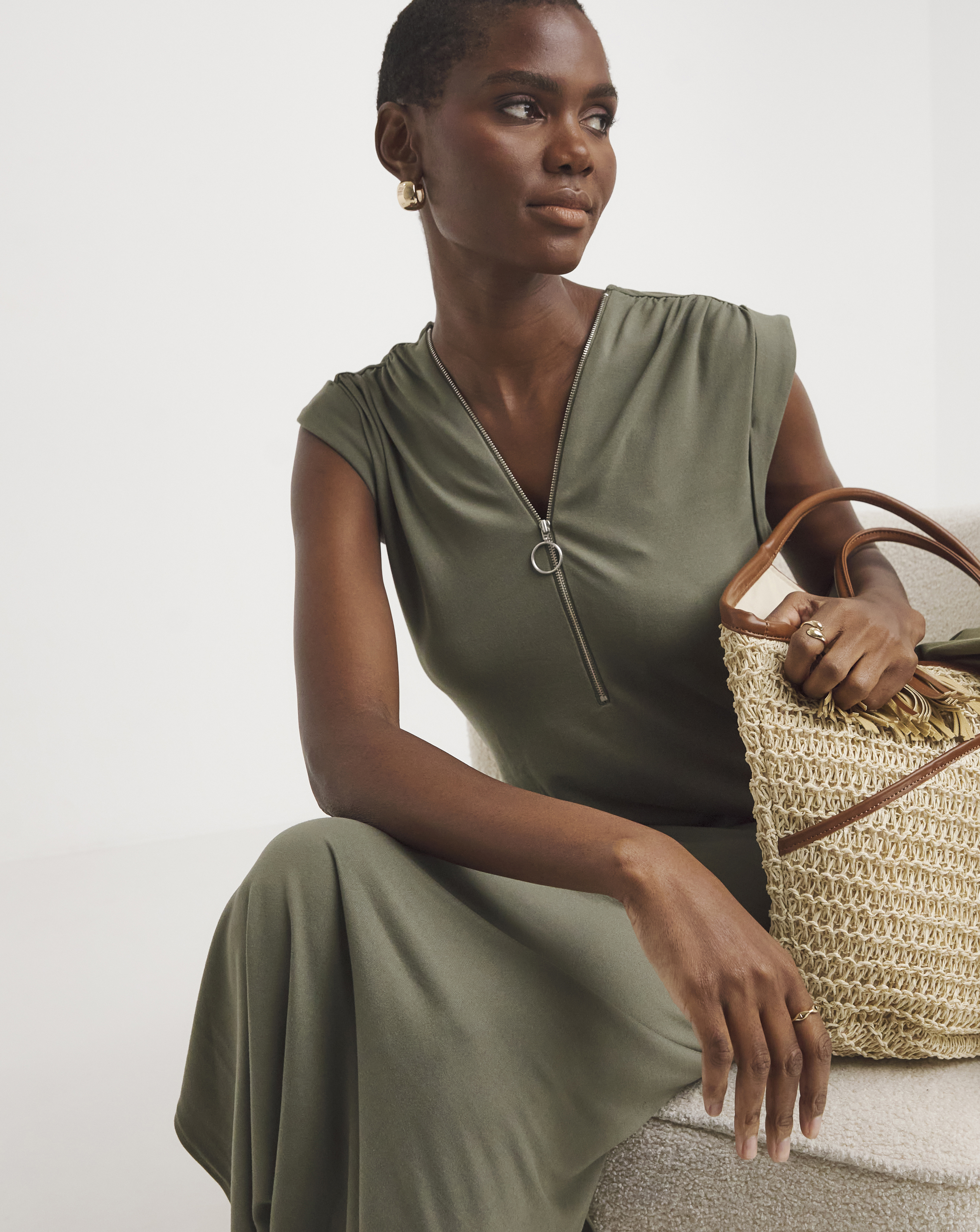Soft Touch Midi Dress With Zip Front