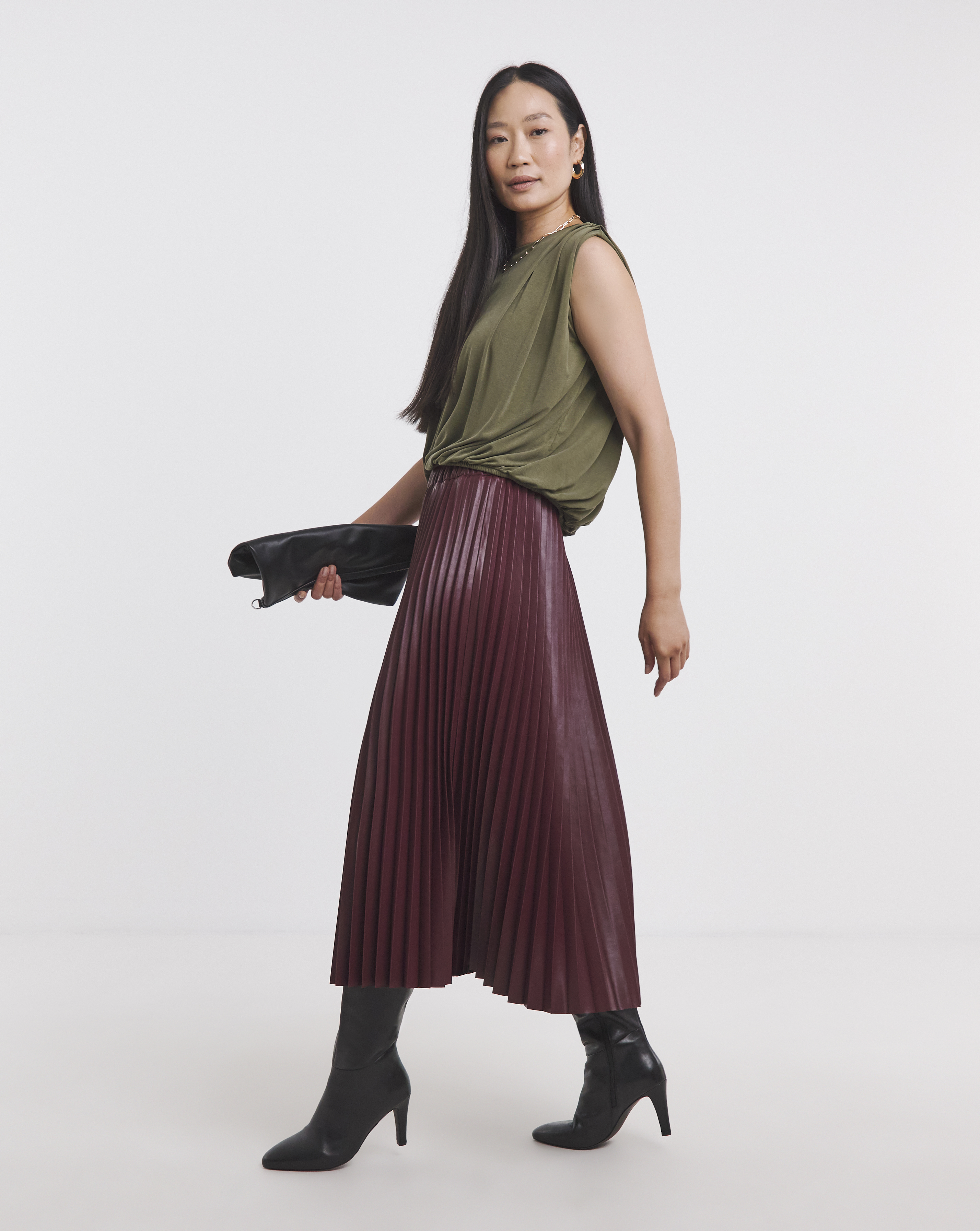PU Pleated Midi Skirt